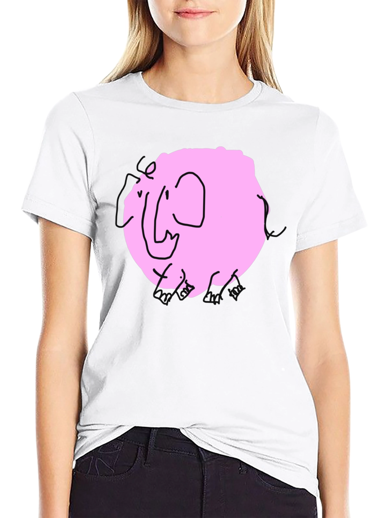 Pink Elephant Graphic Tee - Black Cotton Casual Shirt