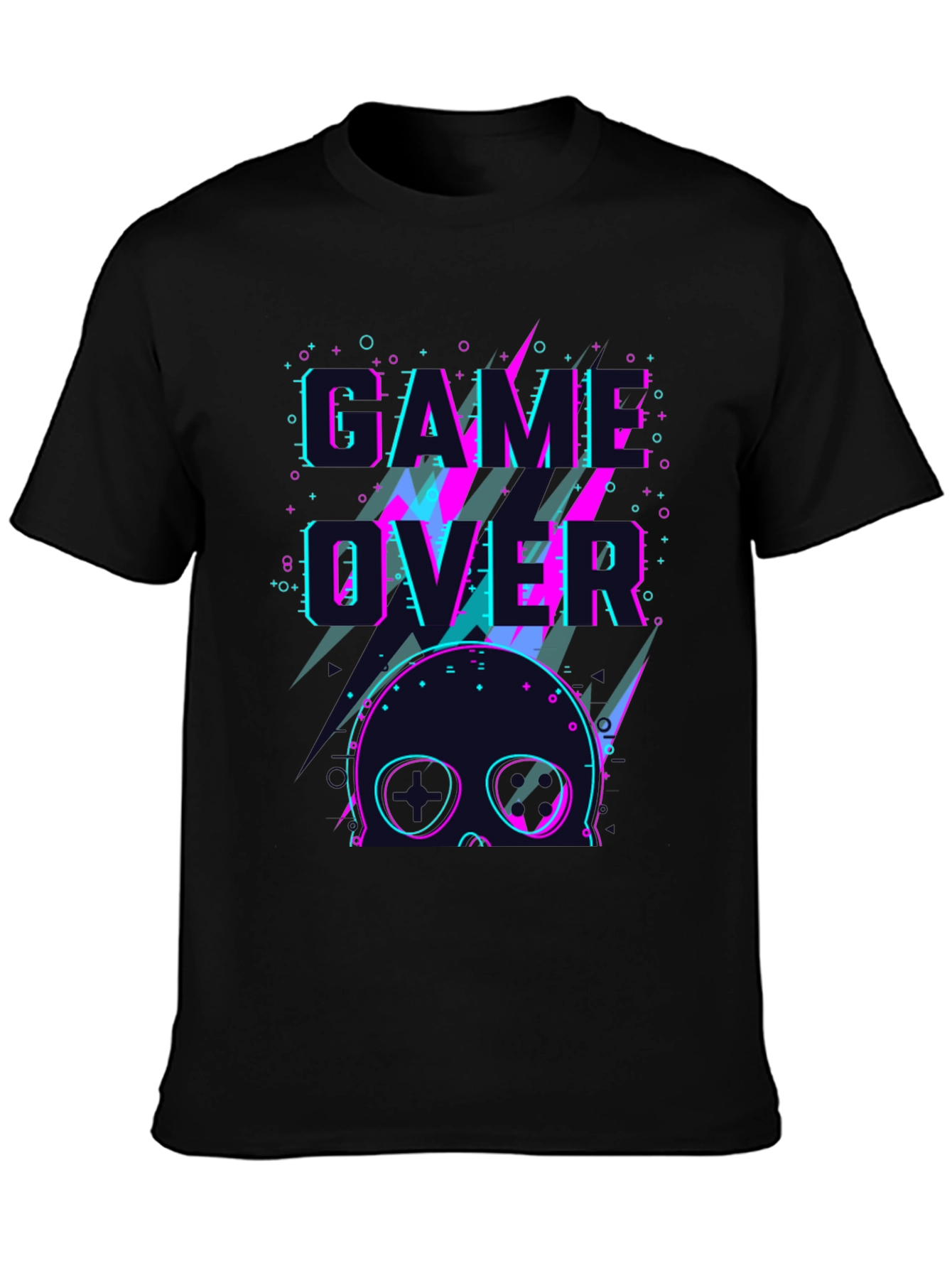 Game Over Skull Graphic Tee - Black Crew Neck