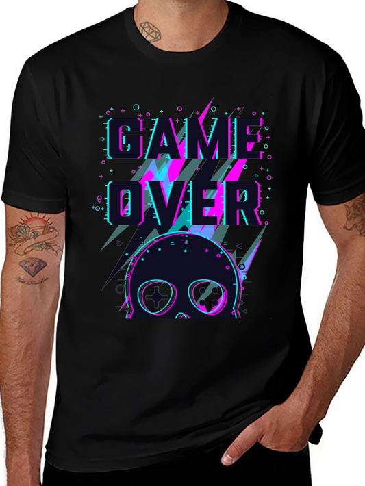 Game Over Skull Graphic Tee - Black Crew Neck