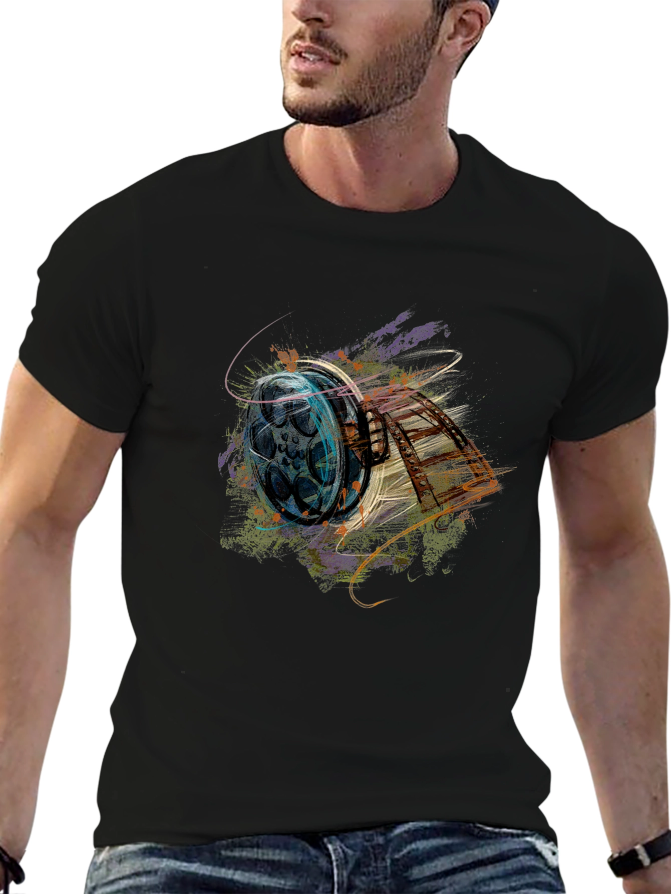 Retro Film Reel Graphic Black T-Shirt