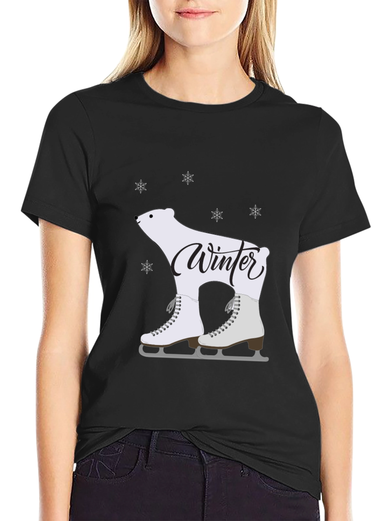 Winter Polar Bear Skates Black T-Shirt