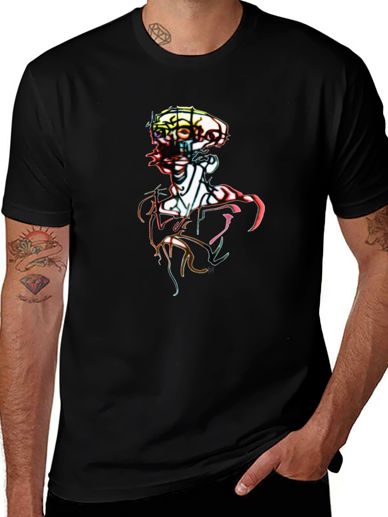 Abstract Art Skeleton Graphic Tee - Black