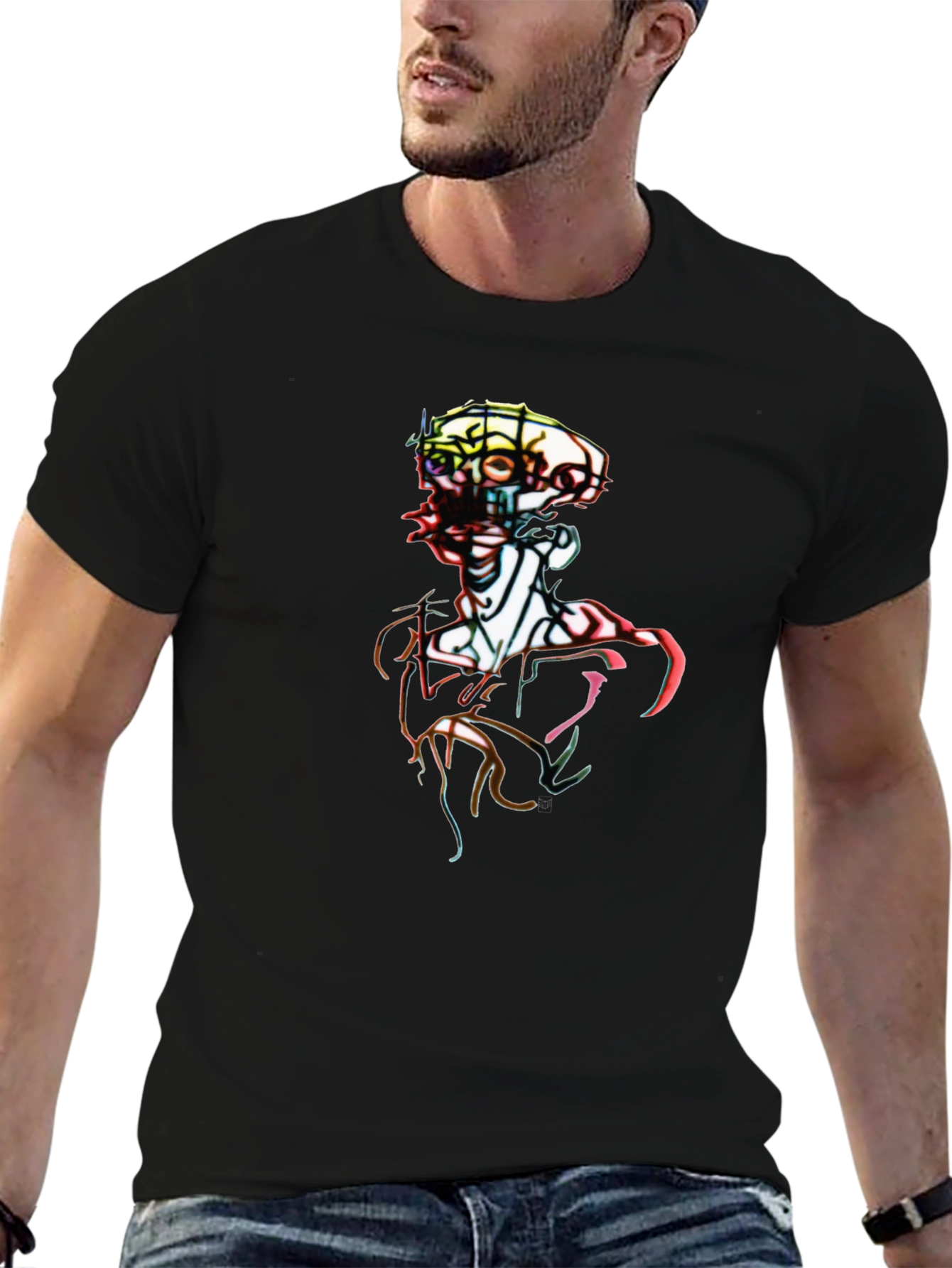 Abstract Art Skeleton Graphic Tee - Black