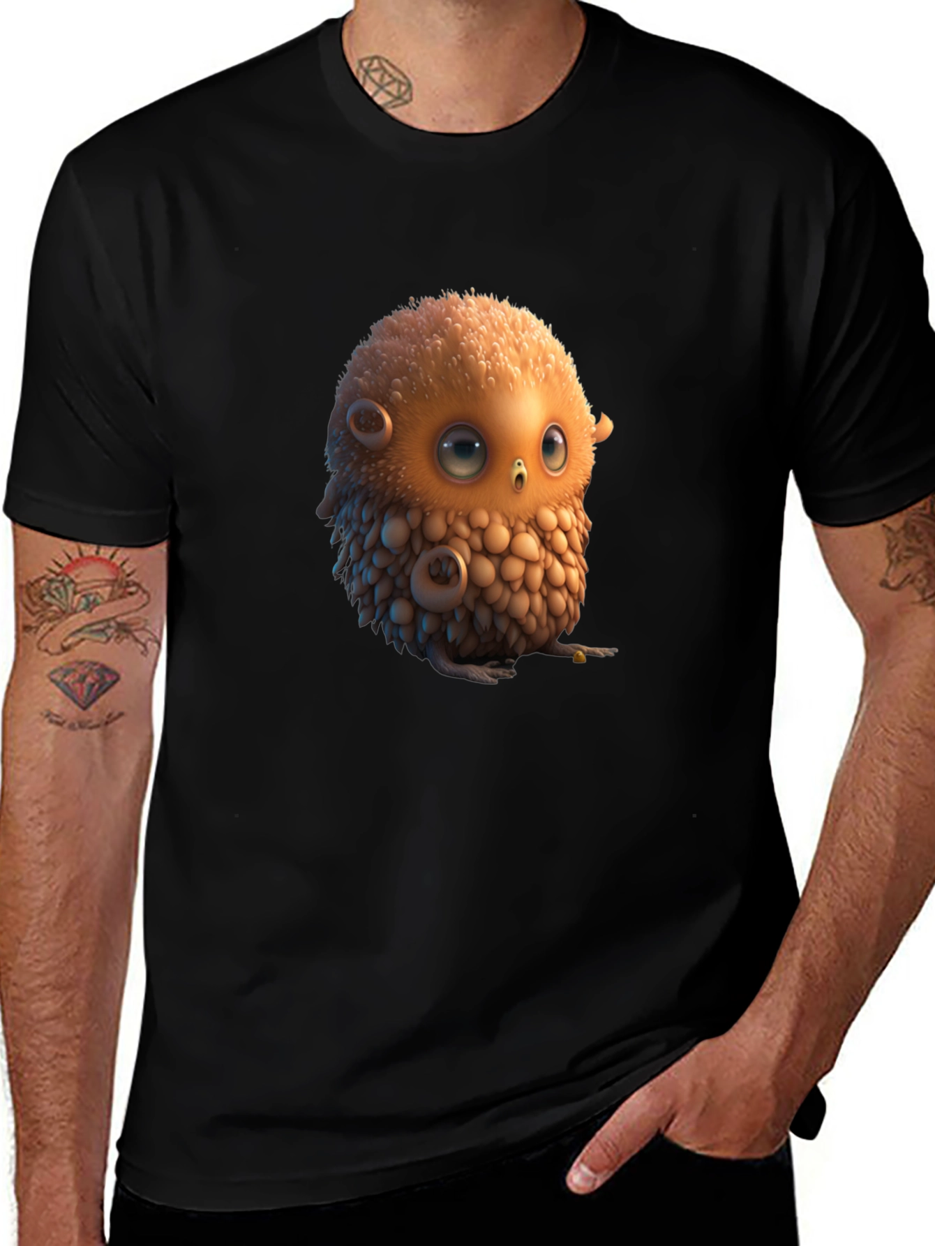 Cute Animated Owl Graphic Black T-Shirt