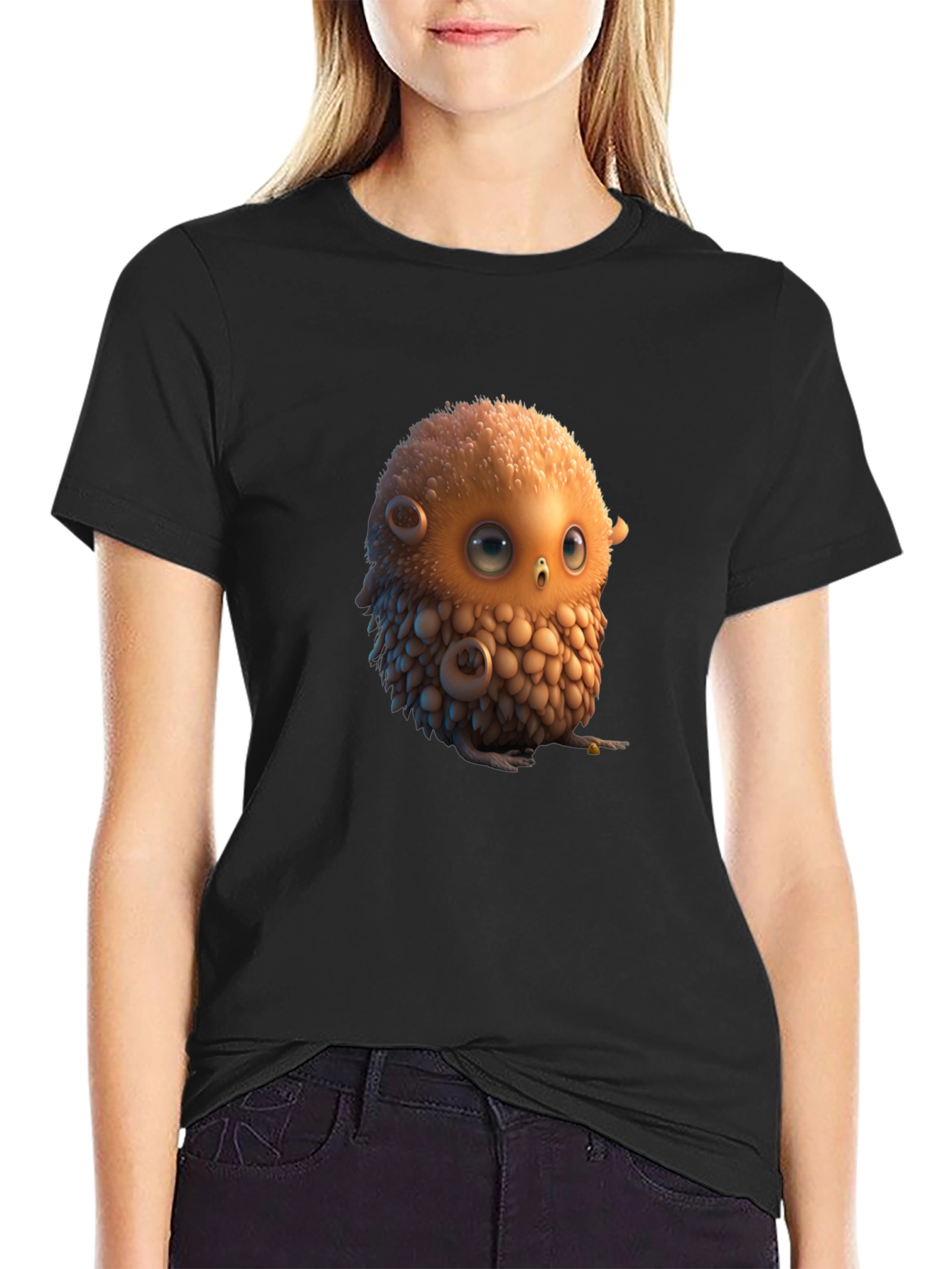 Cute Animated Owl Graphic Black T-Shirt