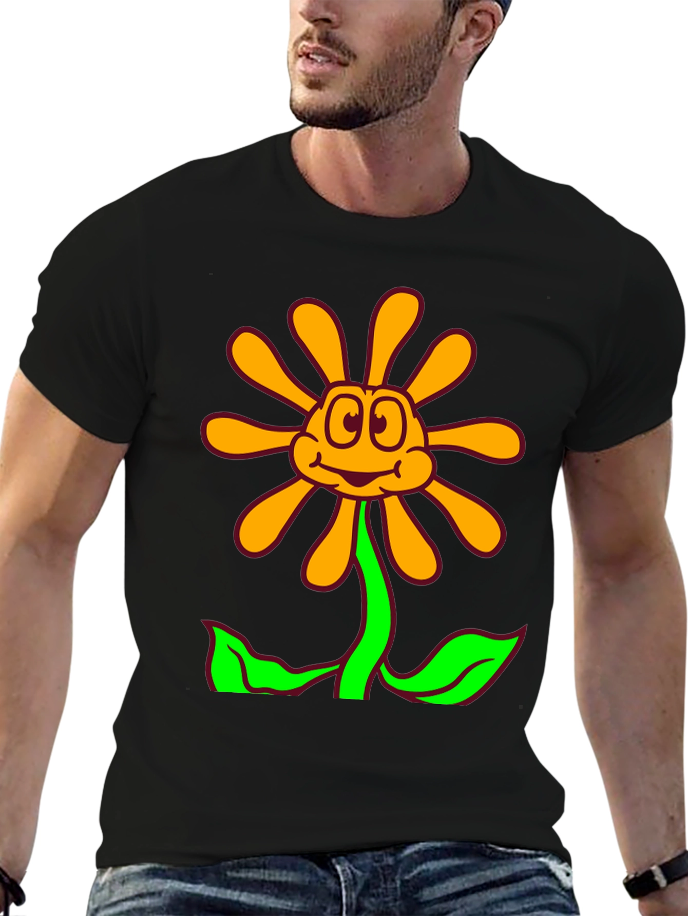 Cartoon Flower Graphic Black T-Shirt