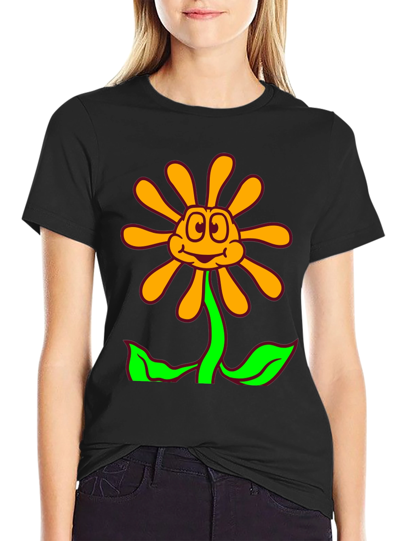 Cartoon Flower Graphic Black T-Shirt