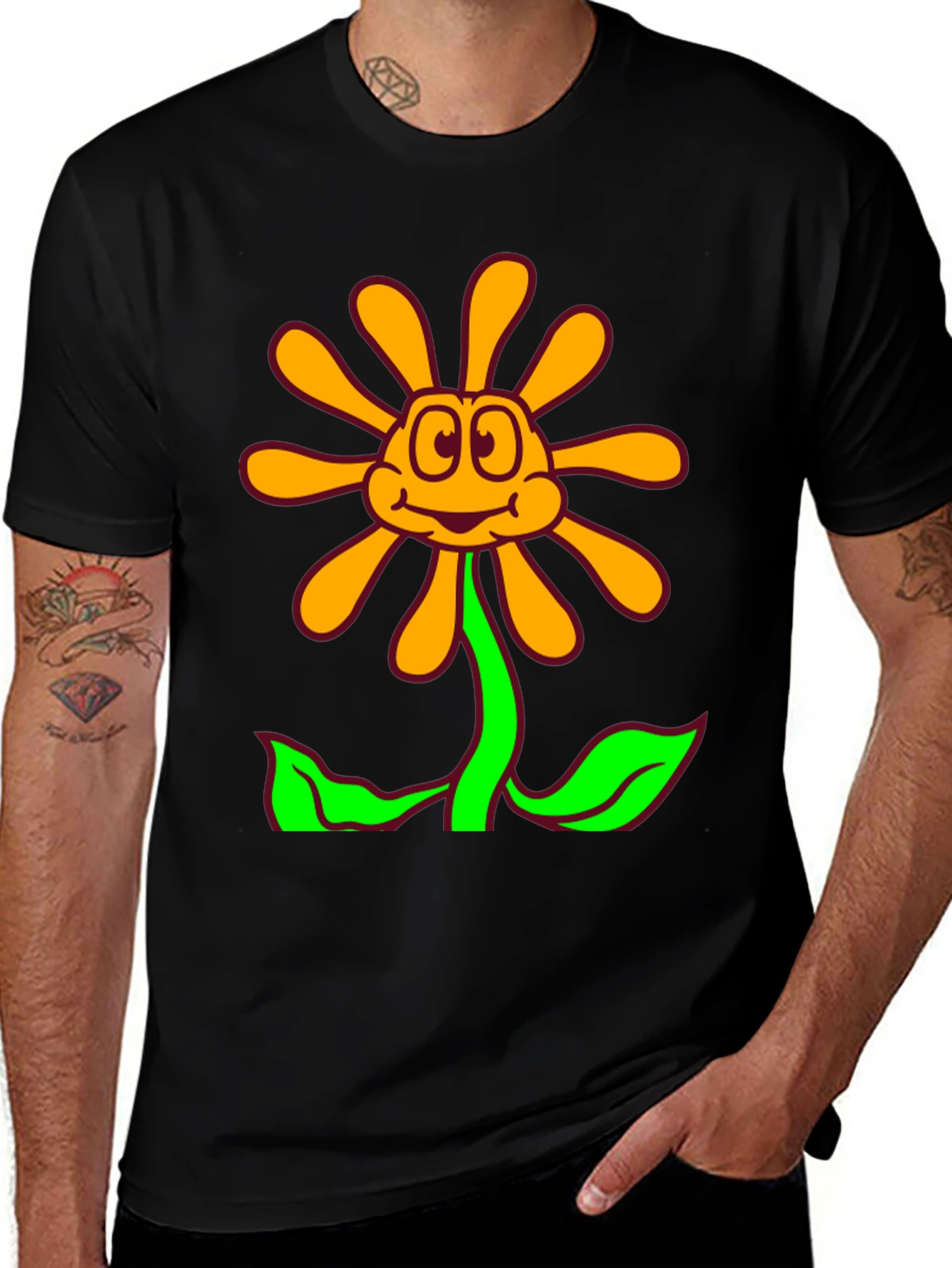 Cartoon Flower Graphic Black T-Shirt