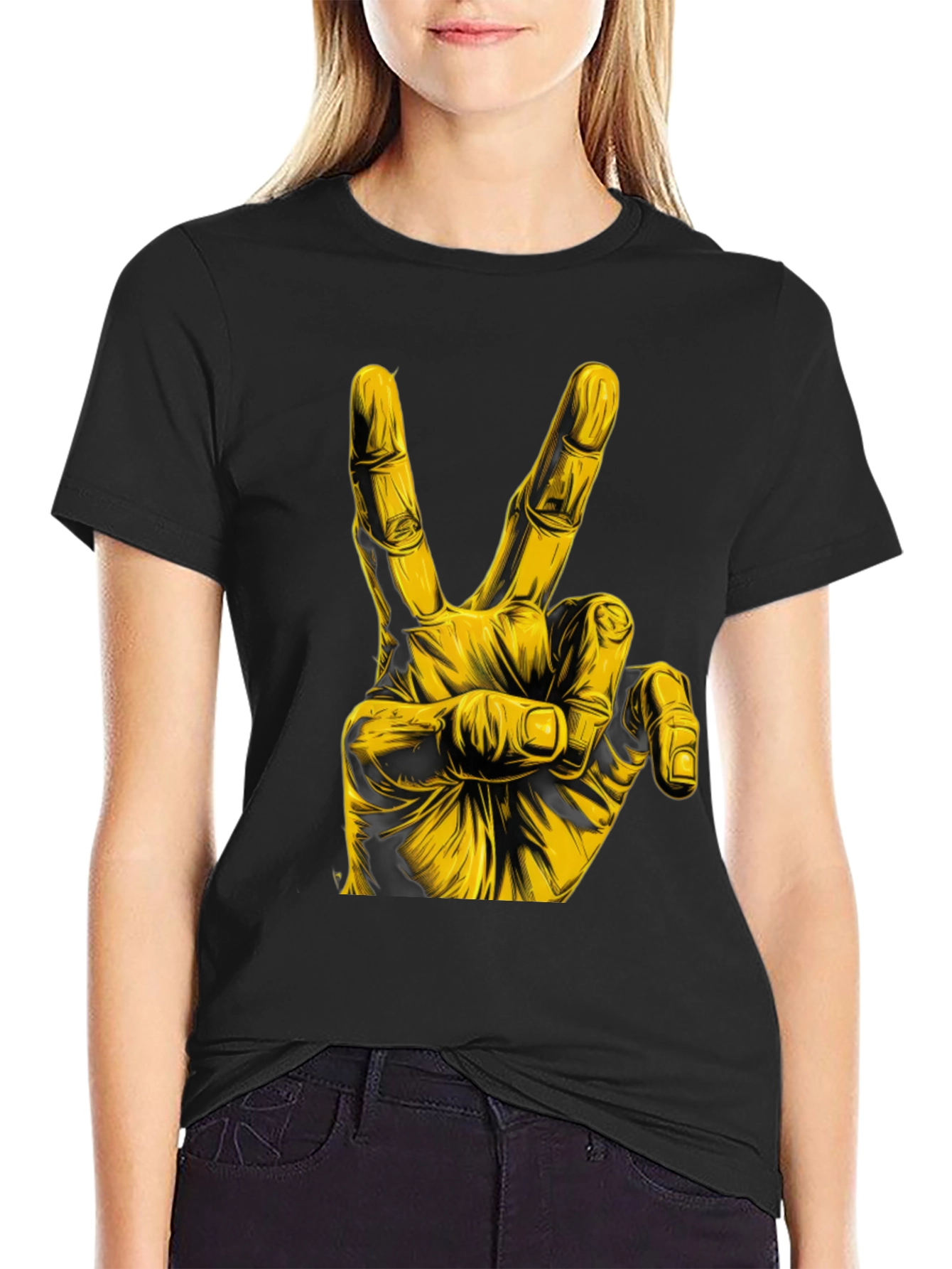 Peace Sign Graphic Tee - Bold Yellow Hand