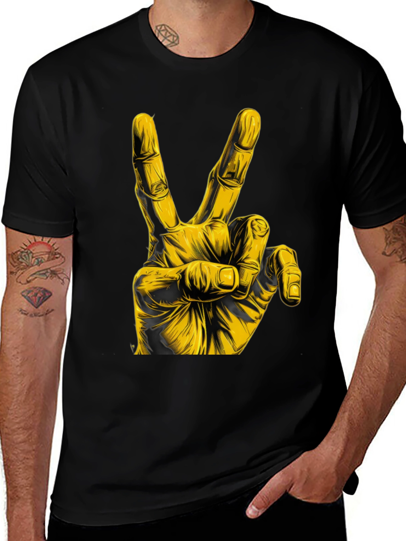 Peace Sign Graphic Tee - Bold Yellow Hand