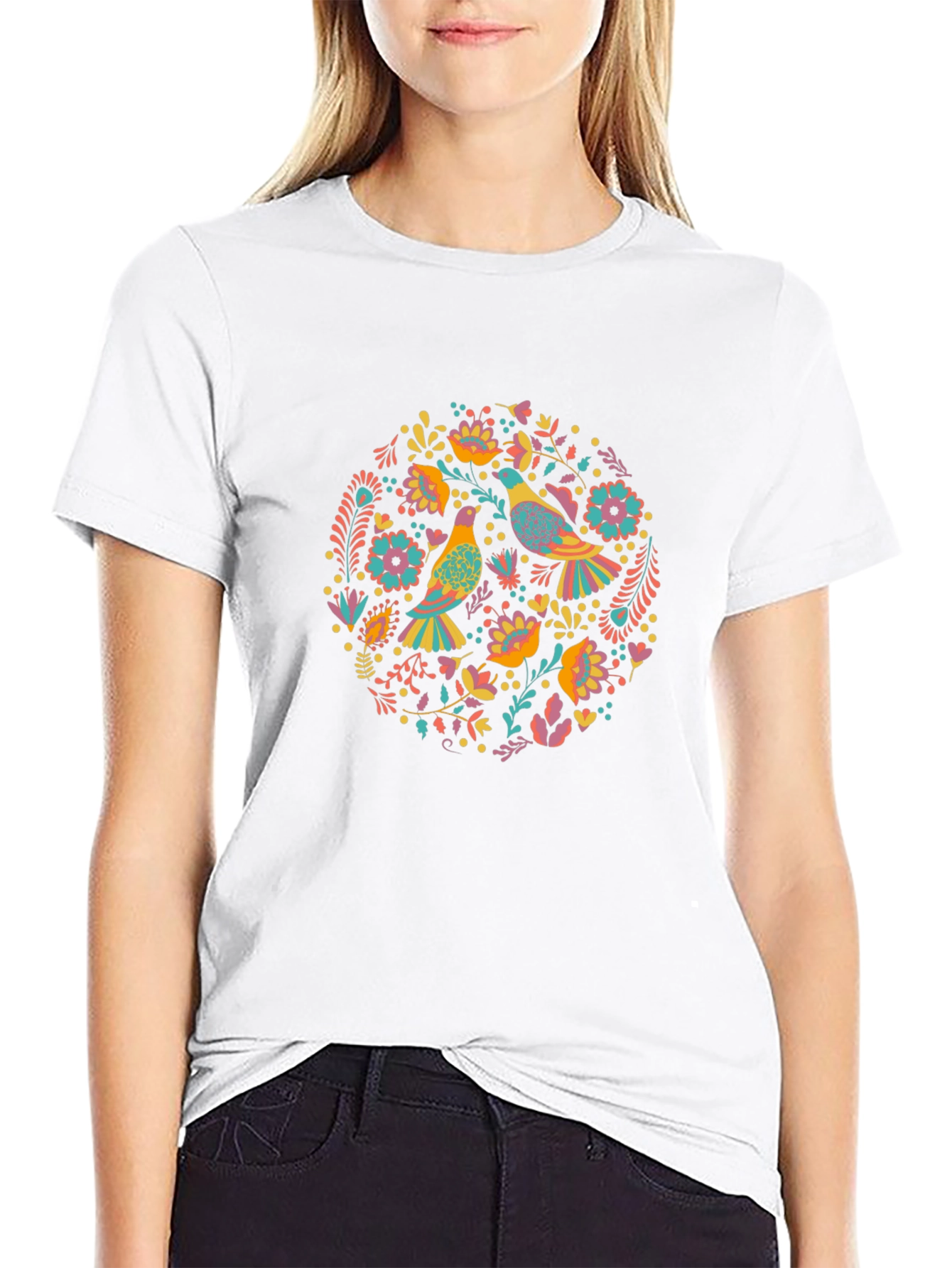 Floral Bird Print Black T-Shirt