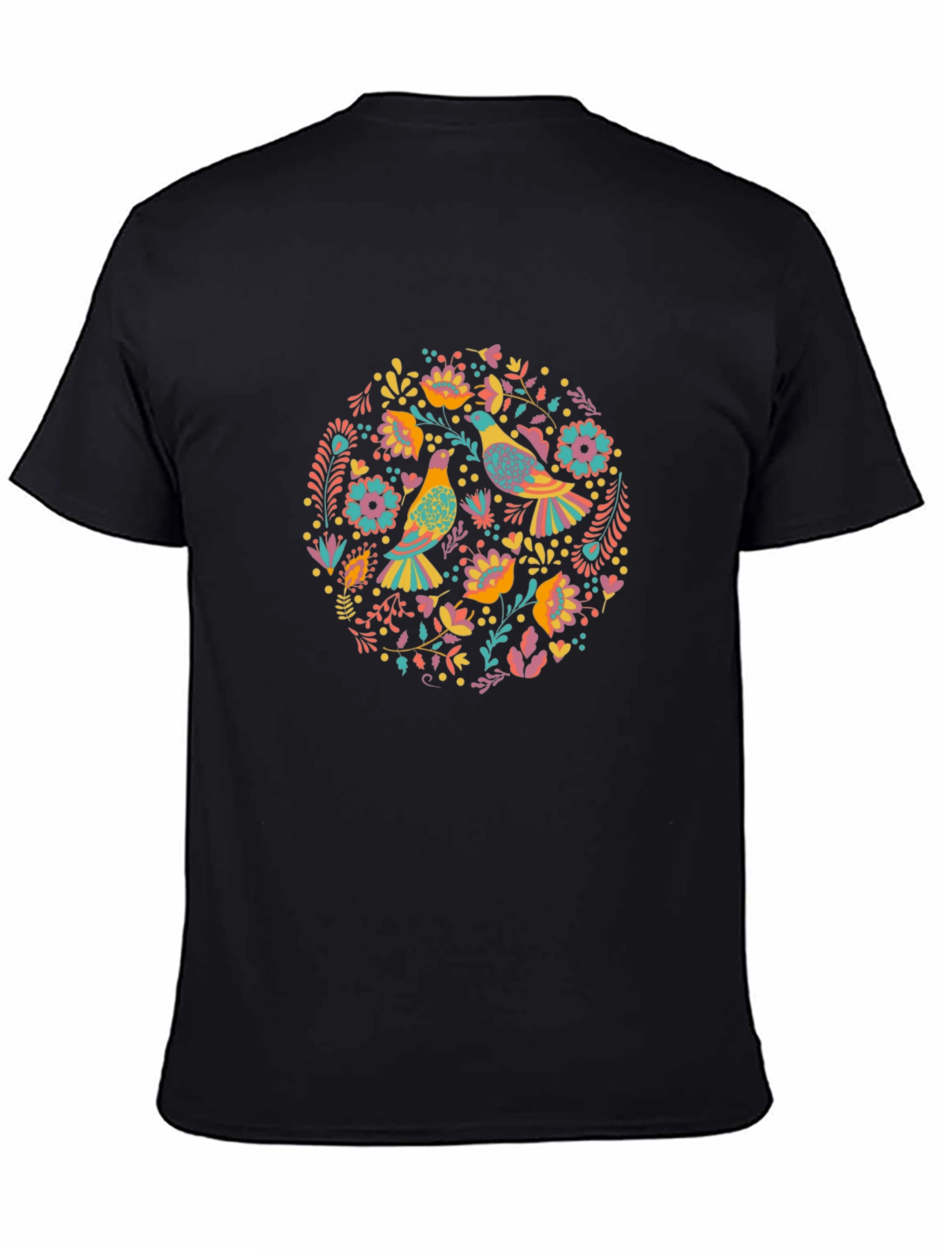 Floral Bird Print Black T-Shirt