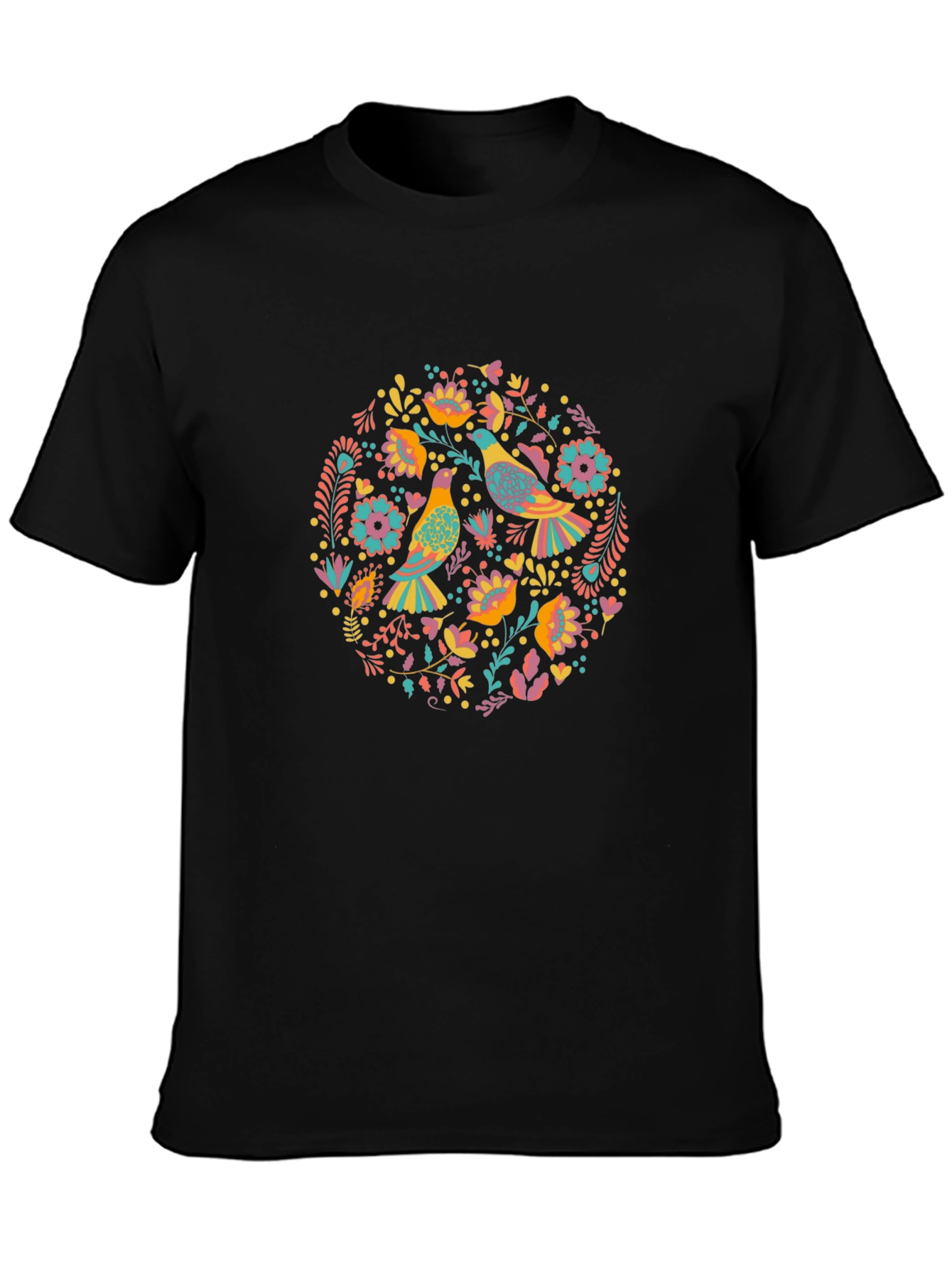 Floral Bird Print Black T-Shirt