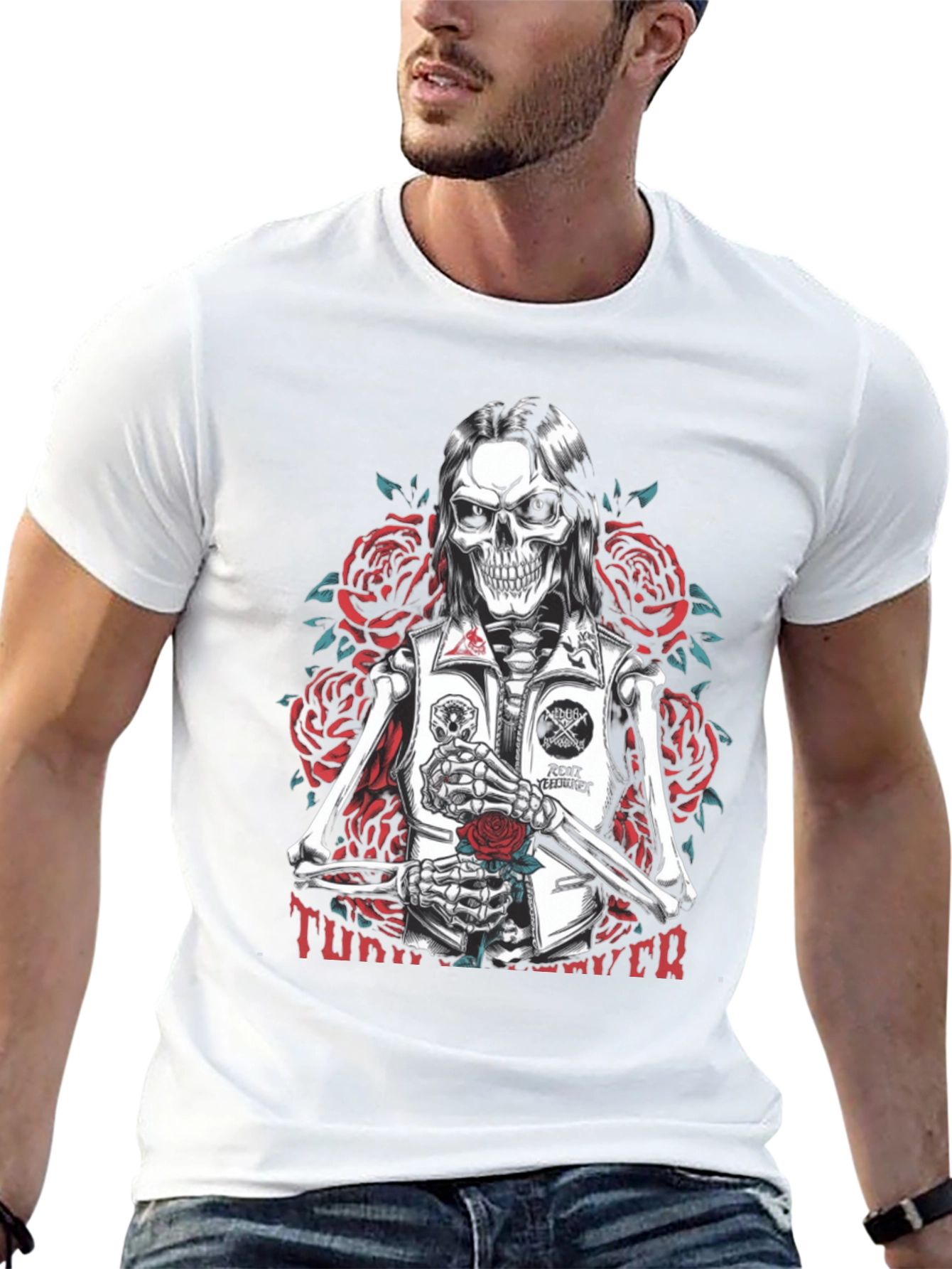 Skull & Roses Graphic Tee - Edgy Skeleton Design