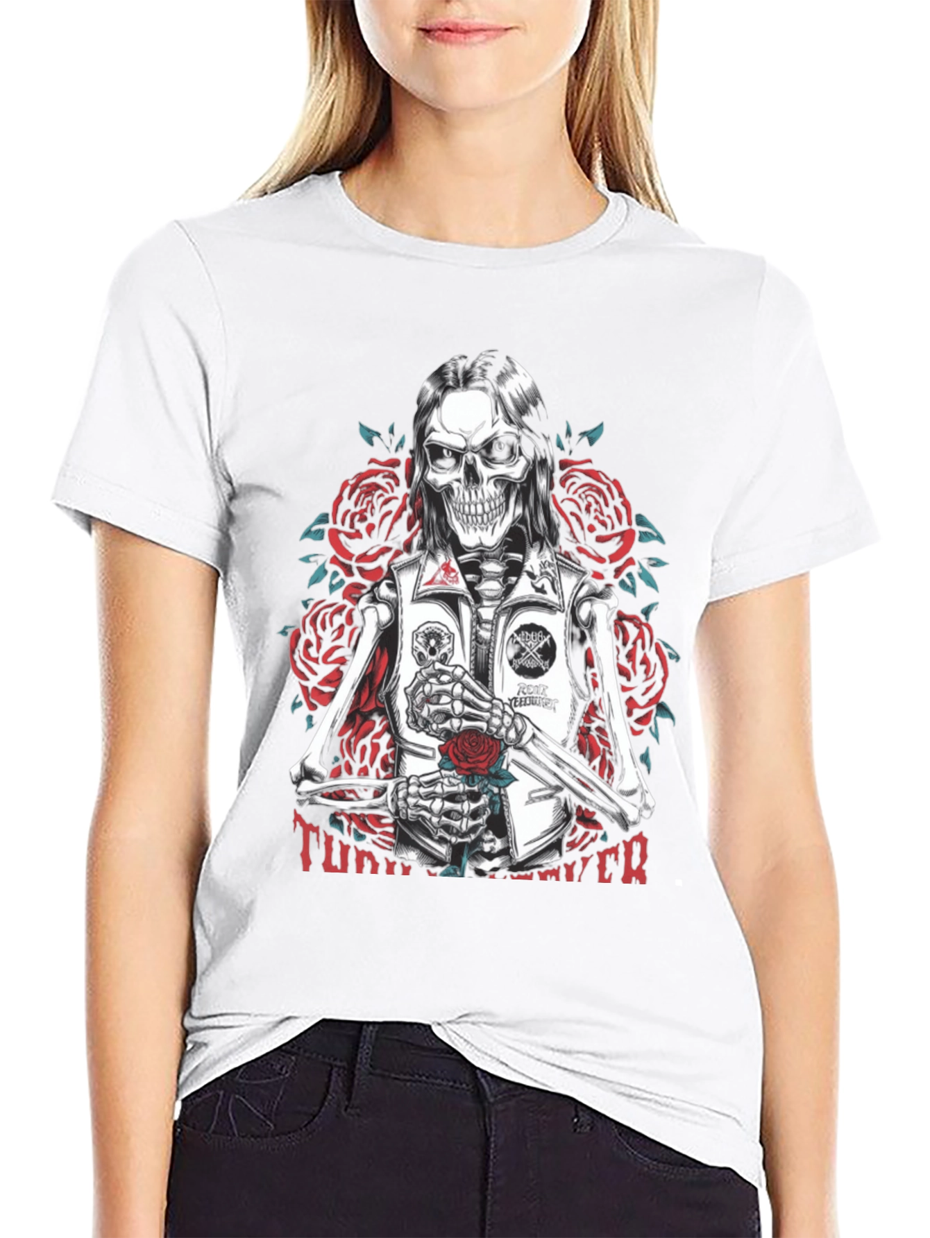 Skull & Roses Graphic Tee - Edgy Skeleton Design