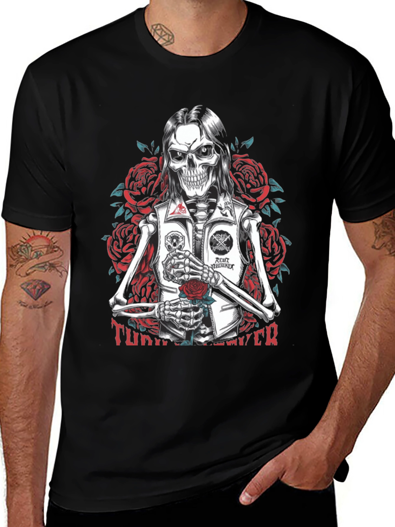 Skull & Roses Graphic Tee - Edgy Skeleton Design