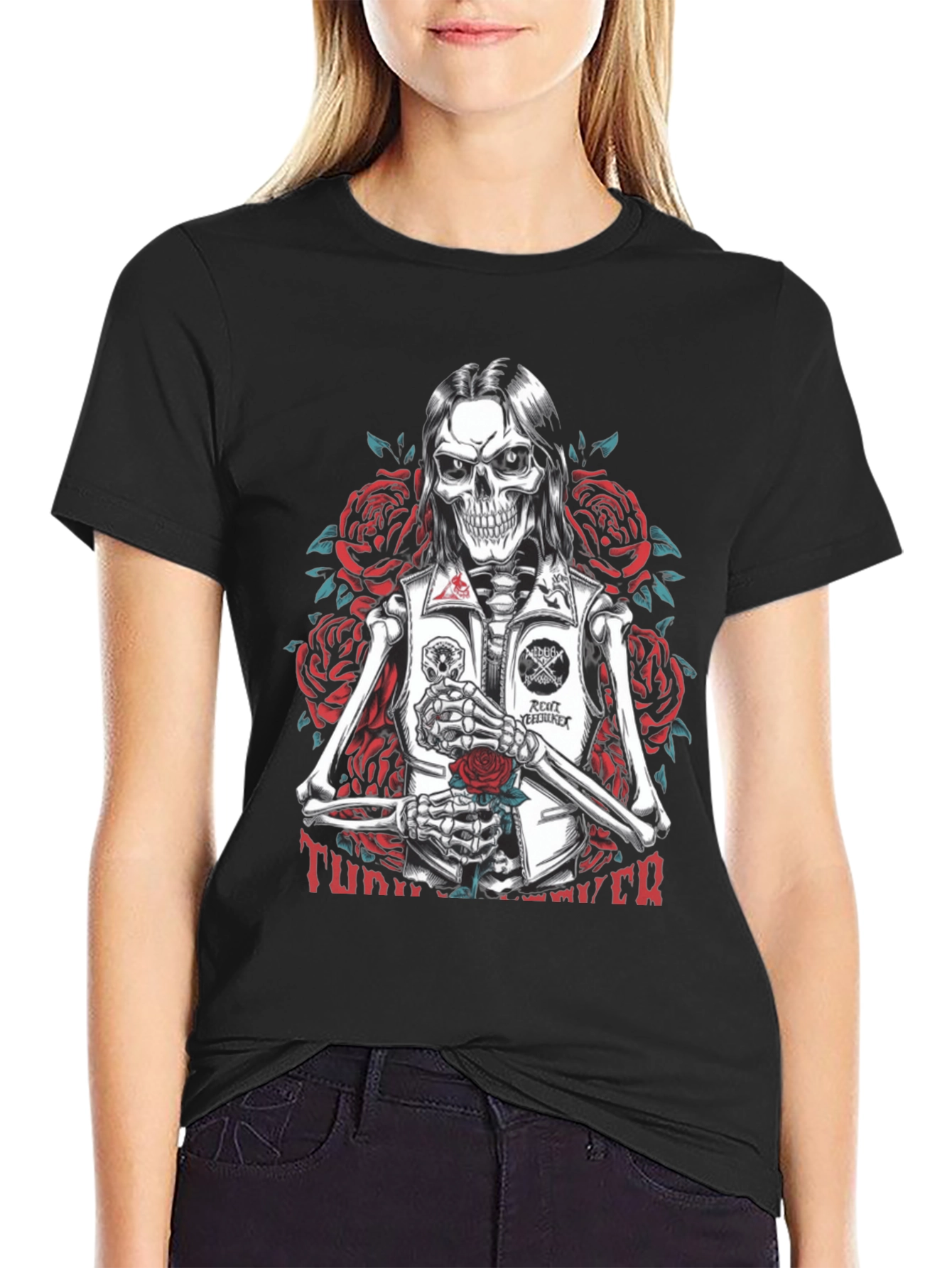 Skull & Roses Graphic Tee - Edgy Skeleton Design