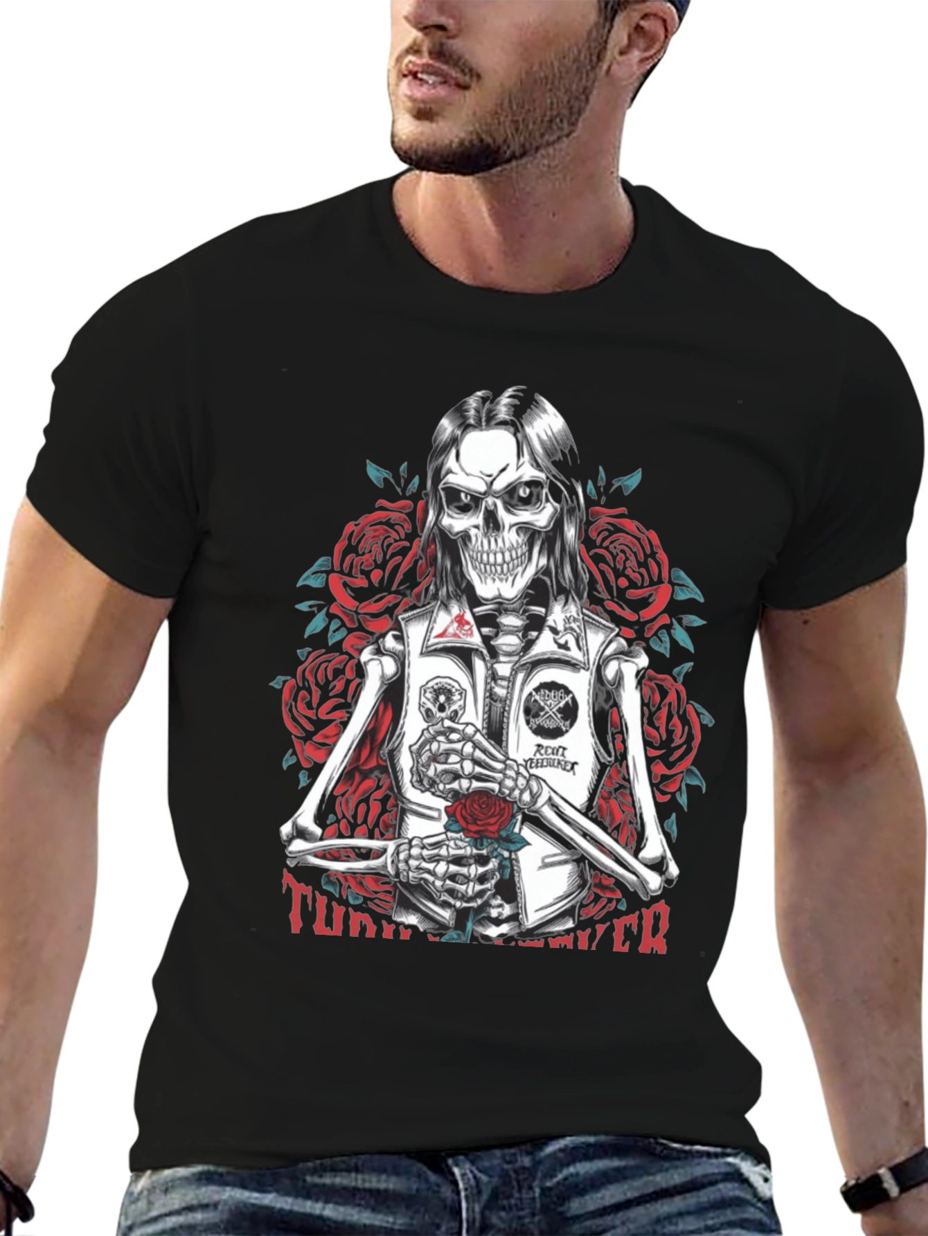 Skull & Roses Graphic Tee - Edgy Skeleton Design