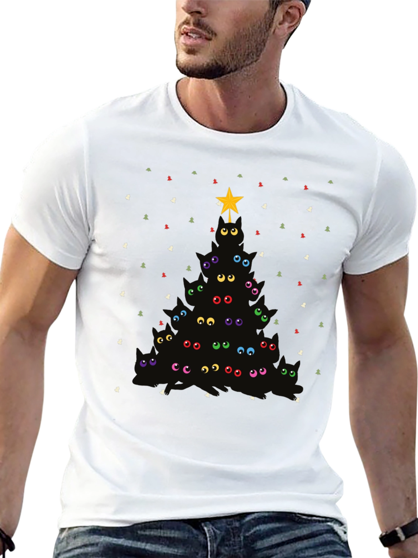 Whimsical Cat Christmas Tree Graphic Tee