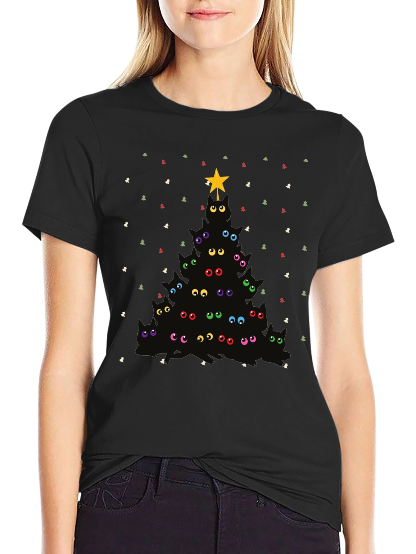 Whimsical Cat Christmas Tree Graphic Tee