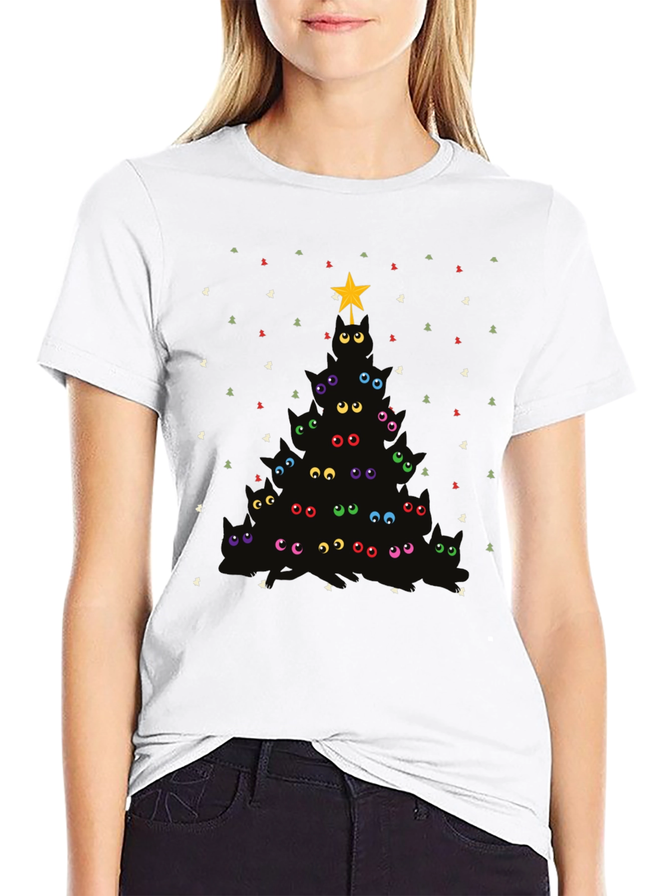 Whimsical Cat Christmas Tree Graphic Tee
