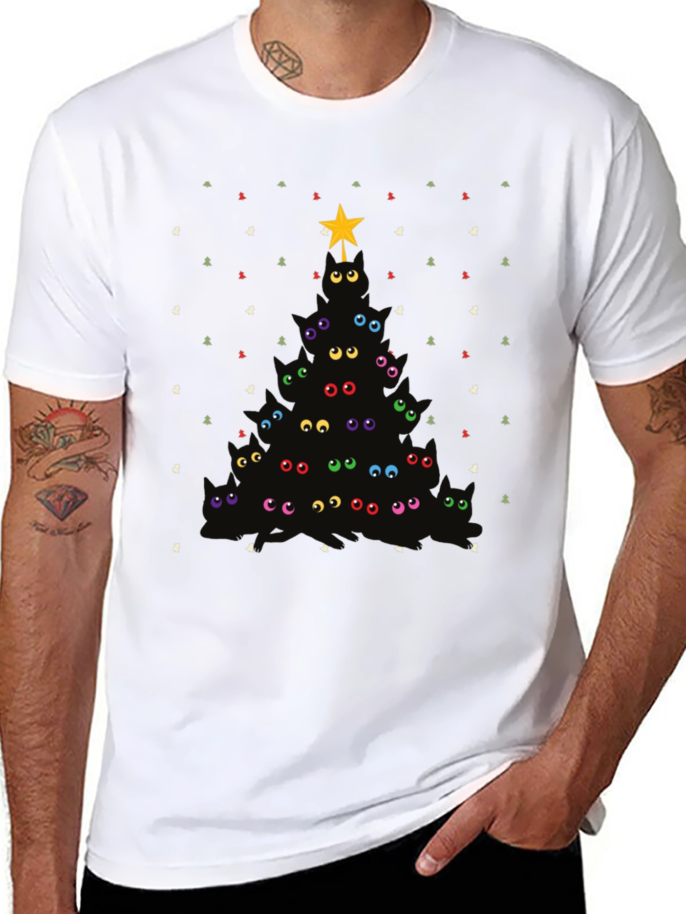 Whimsical Cat Christmas Tree Graphic Tee