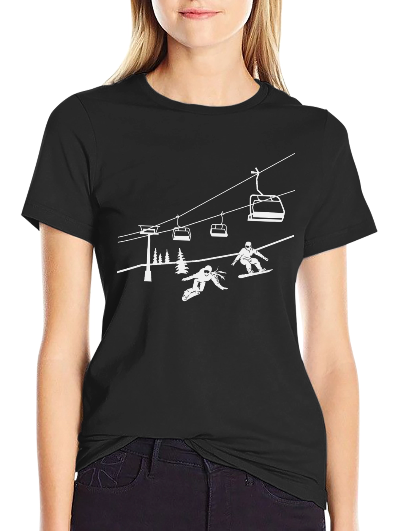 Skiing T-Shirt: Black Cotton Tee with White Graphic