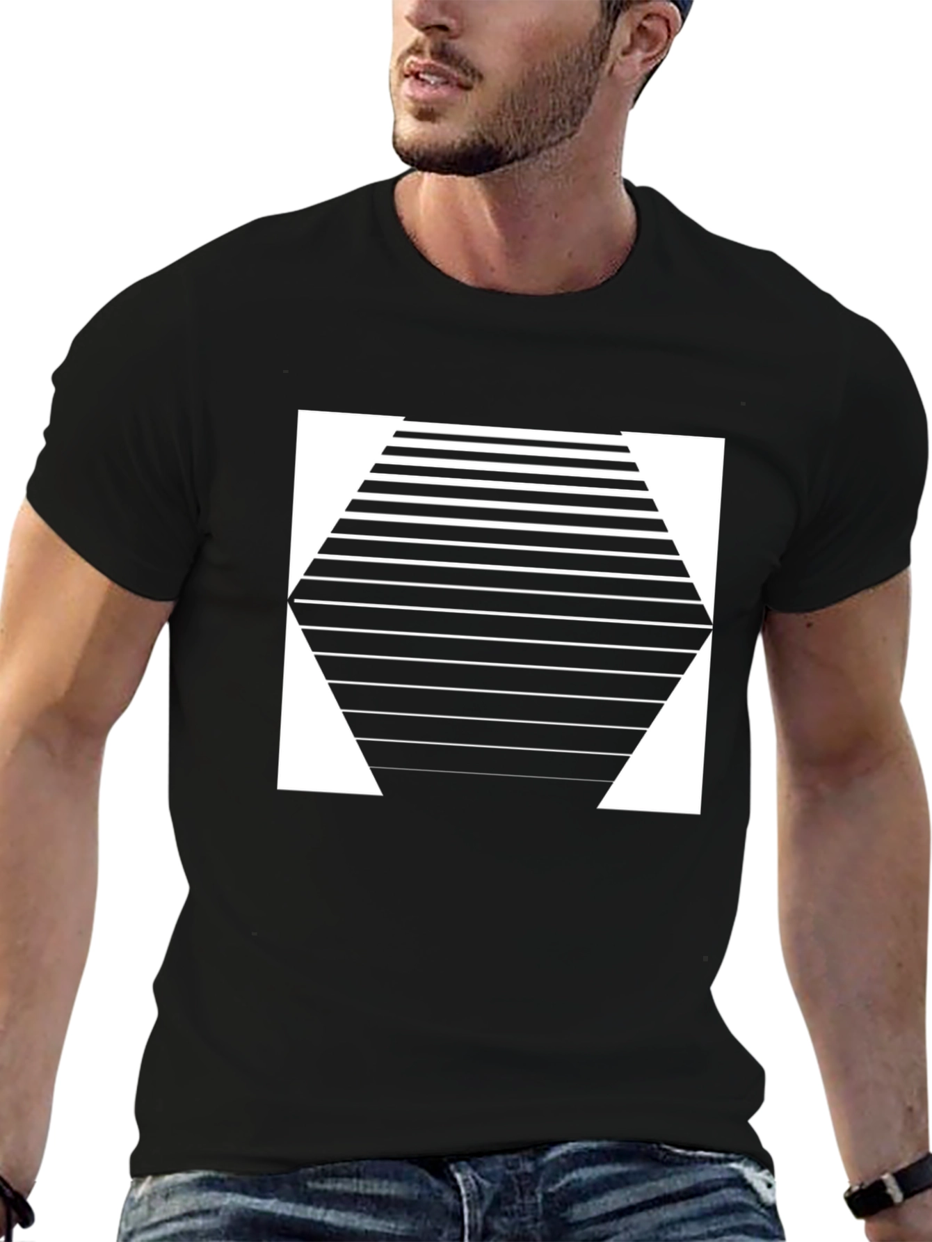 Geometric Hexagon Striped Graphic Tee - Modern Design