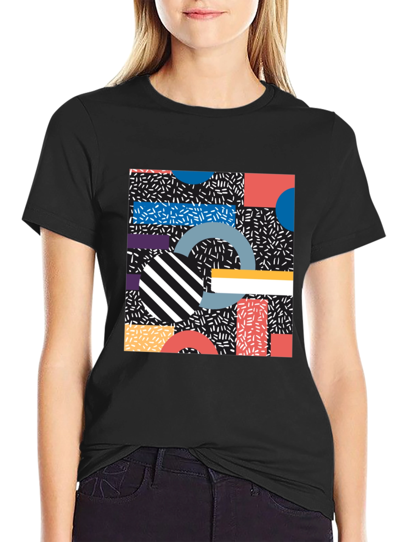 Retro Geometric Pattern Black T-Shirt