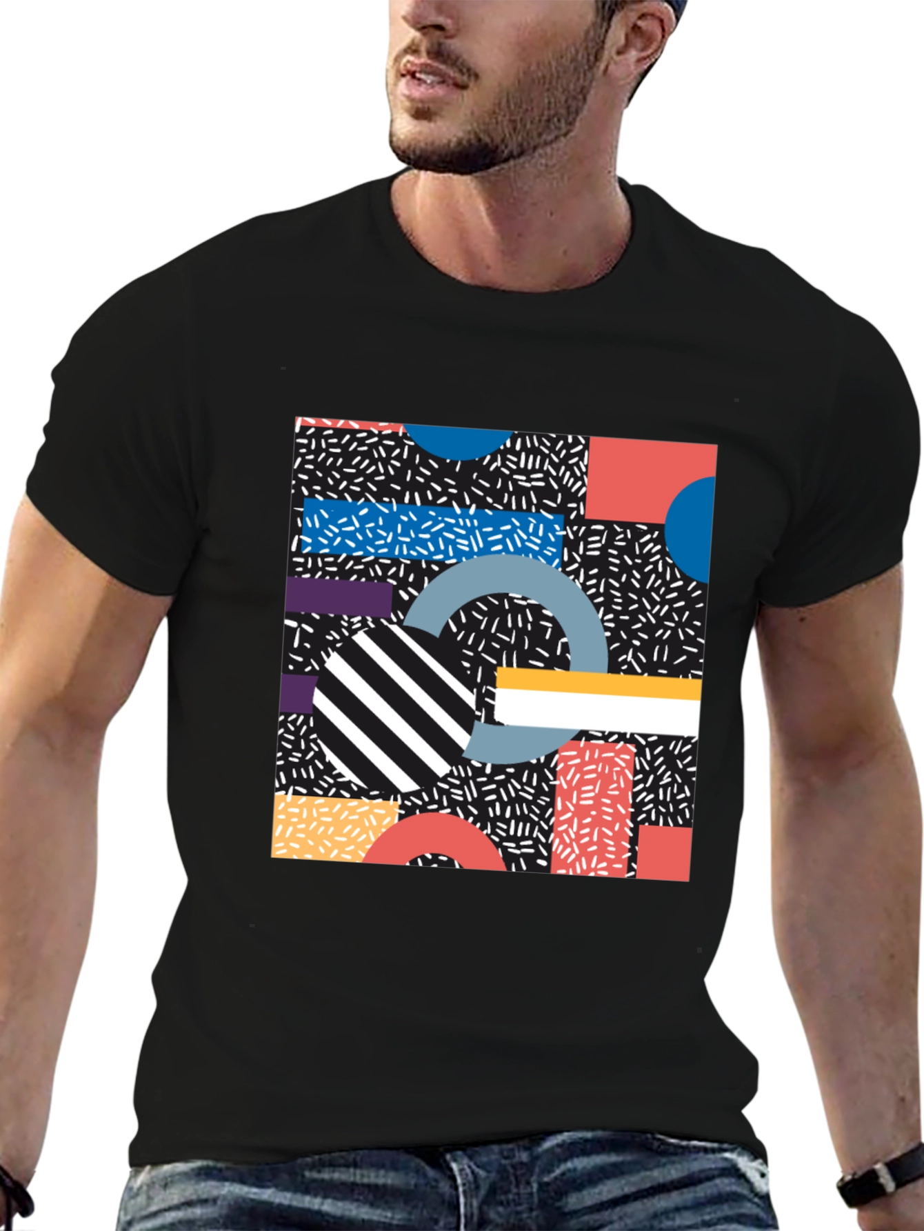 Retro Geometric Pattern Black T-Shirt