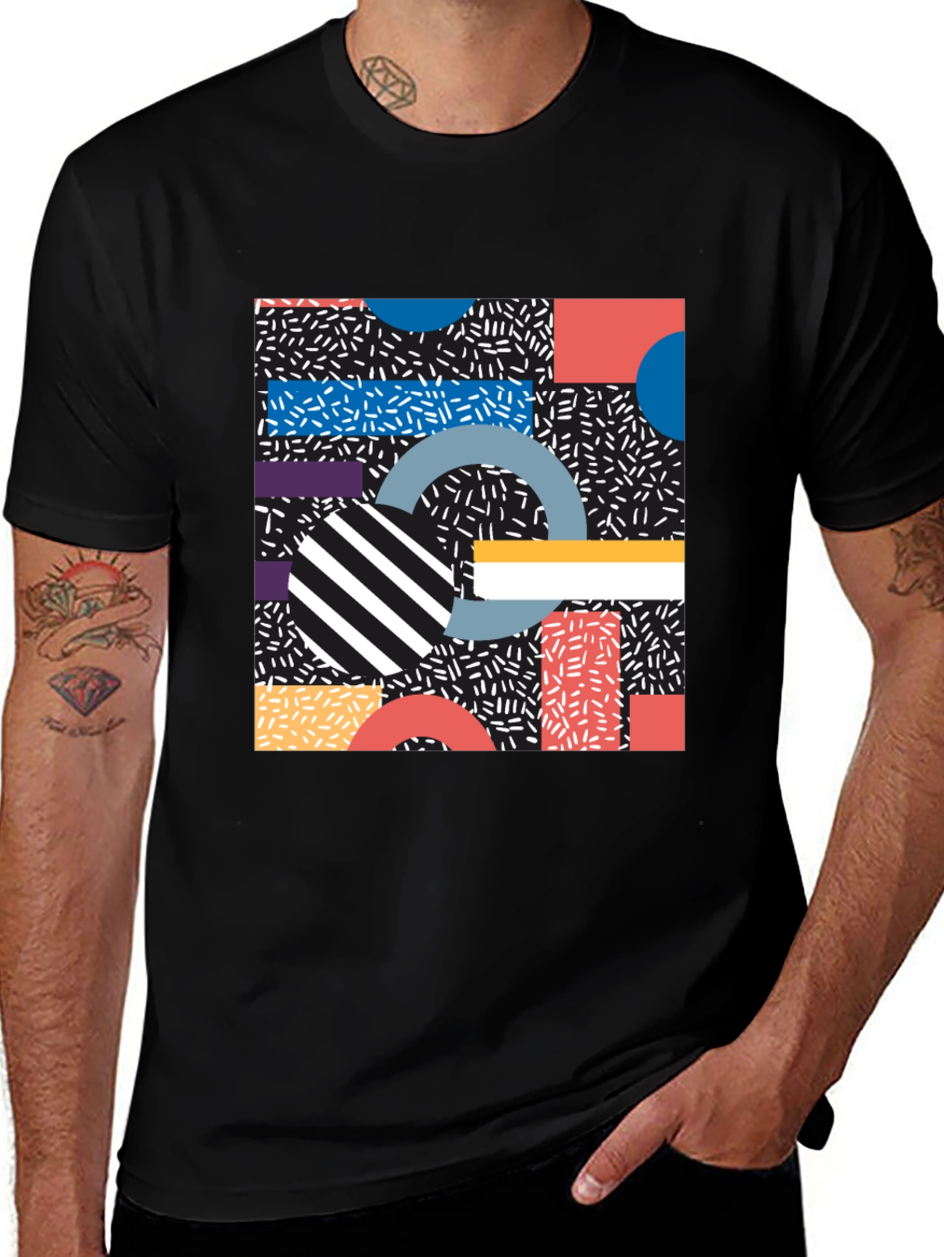 Retro Geometric Pattern Black T-Shirt