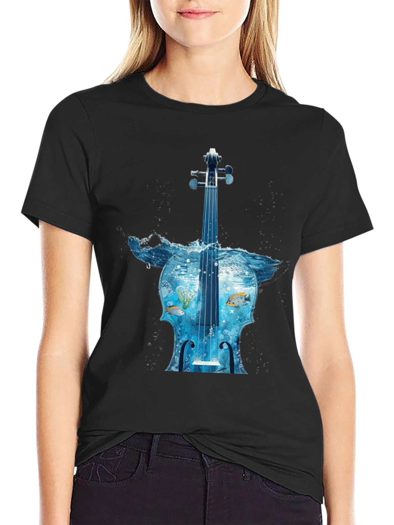 Ocean Cello Graphic Tee - Black Cotton T-Shirt