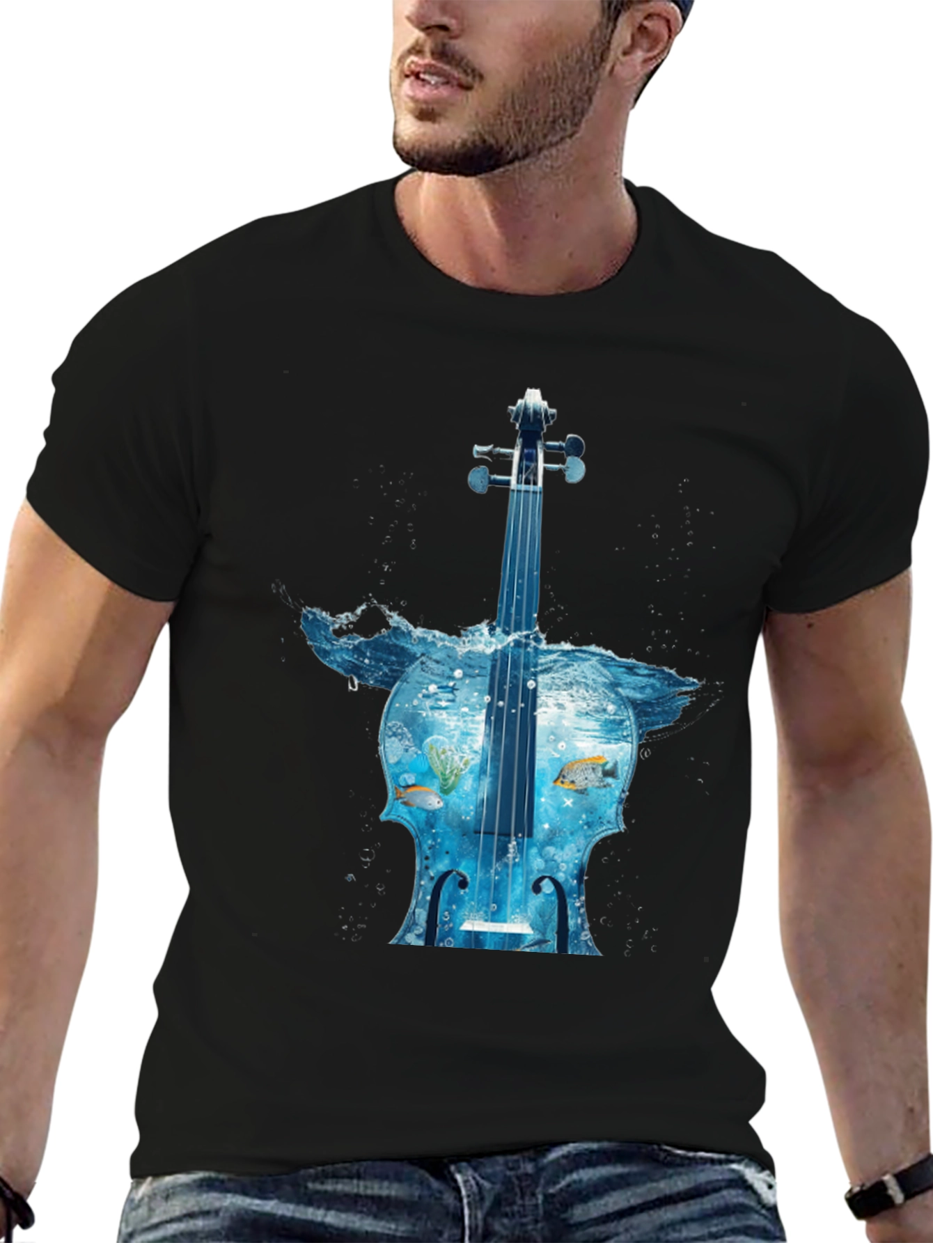 Ocean Cello Graphic Tee - Black Cotton T-Shirt