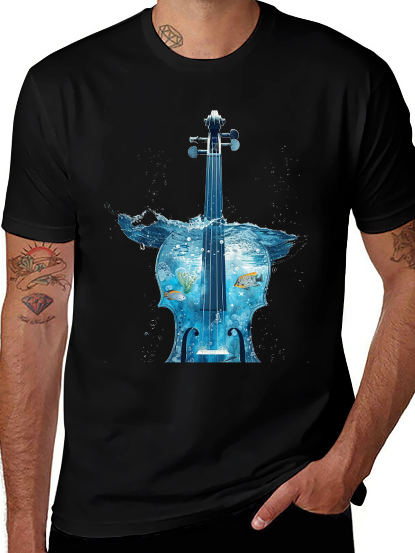 Ocean Cello Graphic Tee - Black Cotton T-Shirt