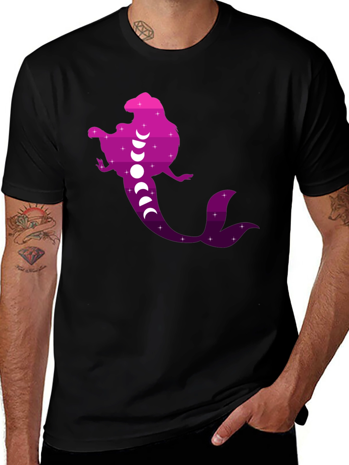Mermaid Phases Graphic Tee - Black Cotton Casual Shirt