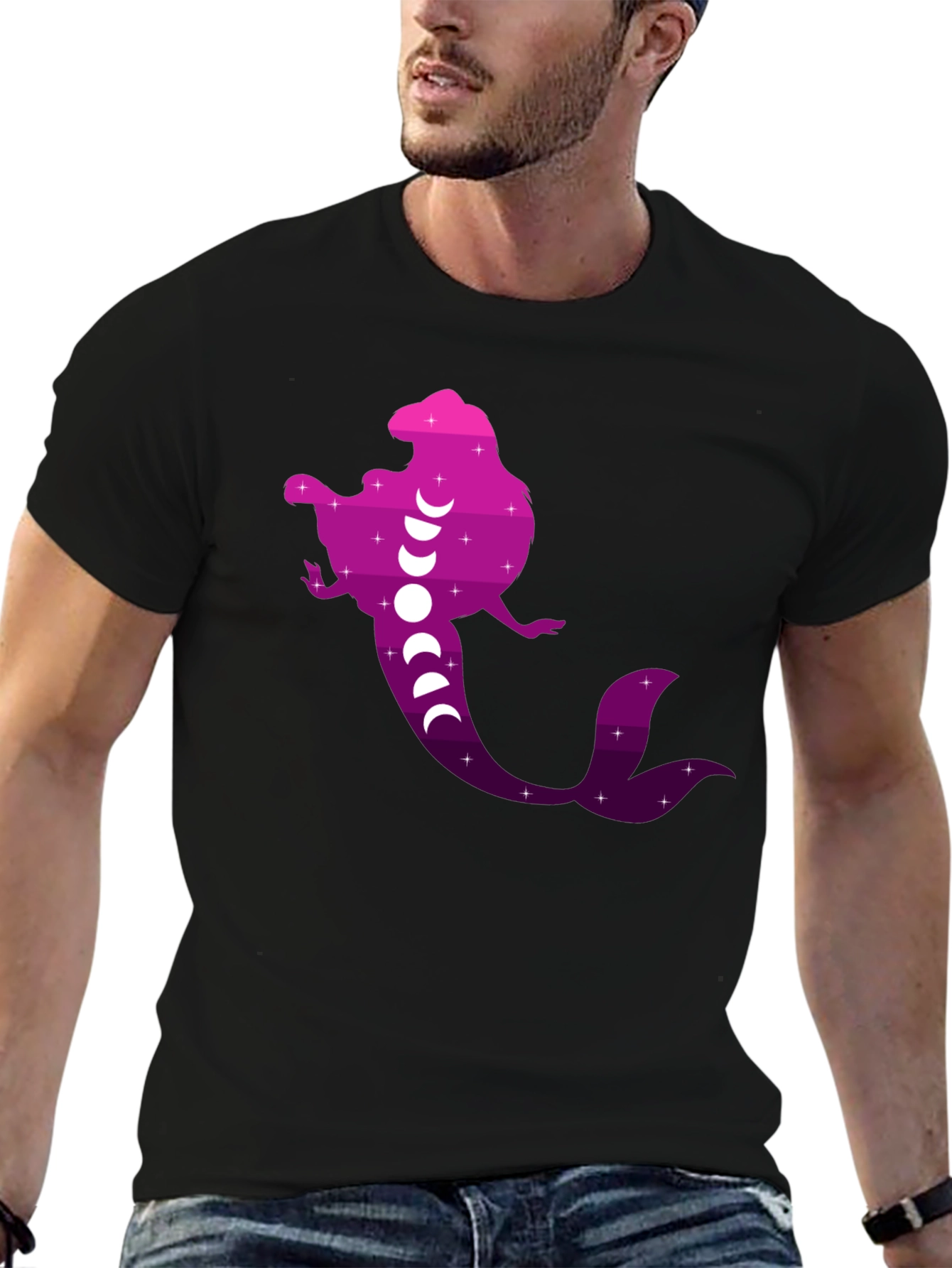 Mermaid Phases Graphic Tee - Black Cotton Casual Shirt