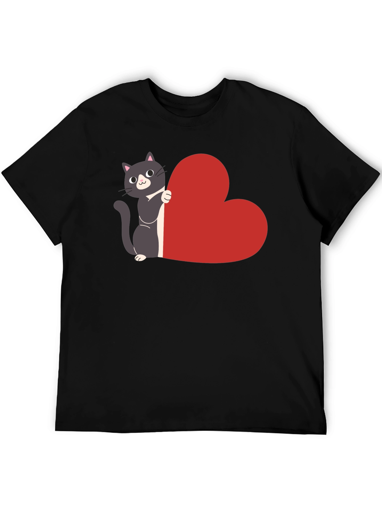 Cat with Heart T-Shirt - Black Cotton Tee