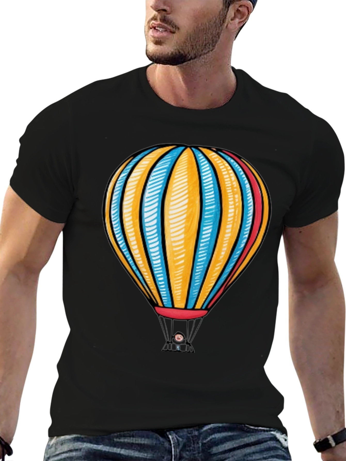 Hot Air Balloon Graphic Tee - Black Cotton T-Shirt