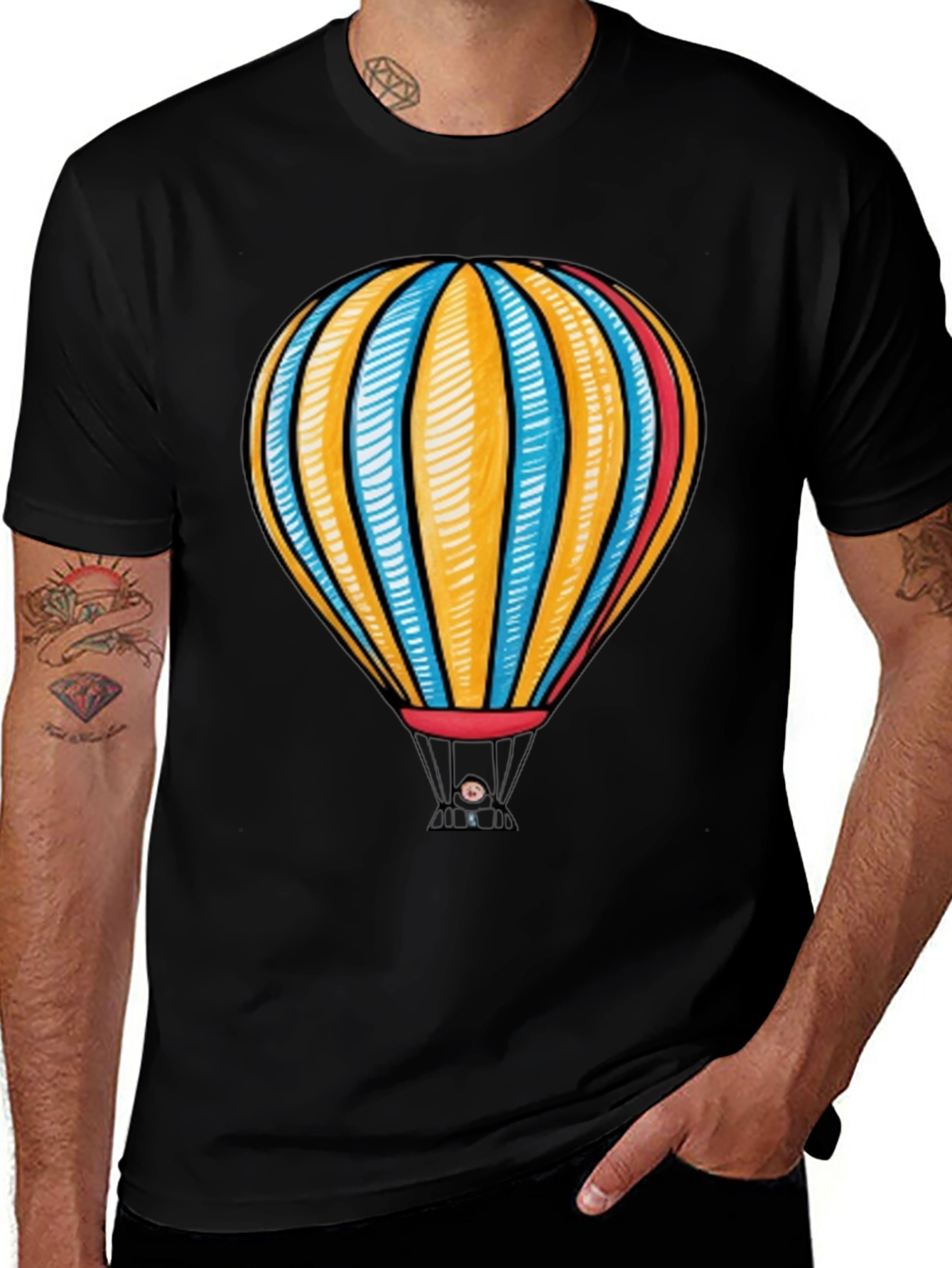 Hot Air Balloon Graphic Tee - Black Cotton T-Shirt