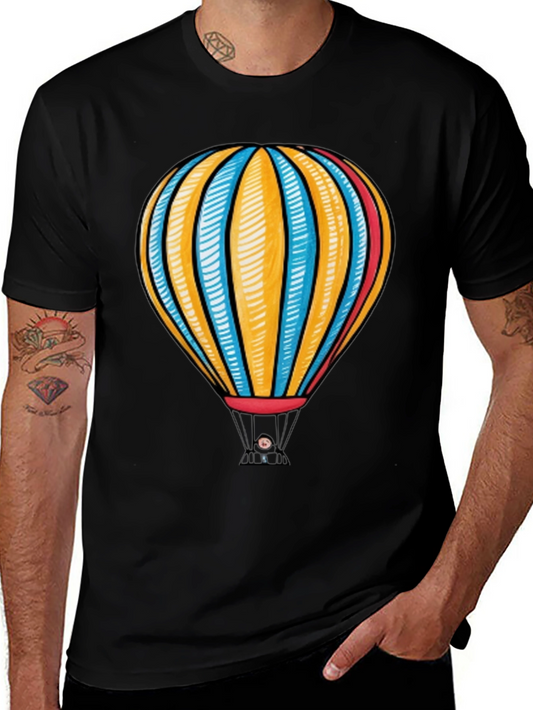 Hot Air Balloon Graphic Tee - Black Cotton T-Shirt
