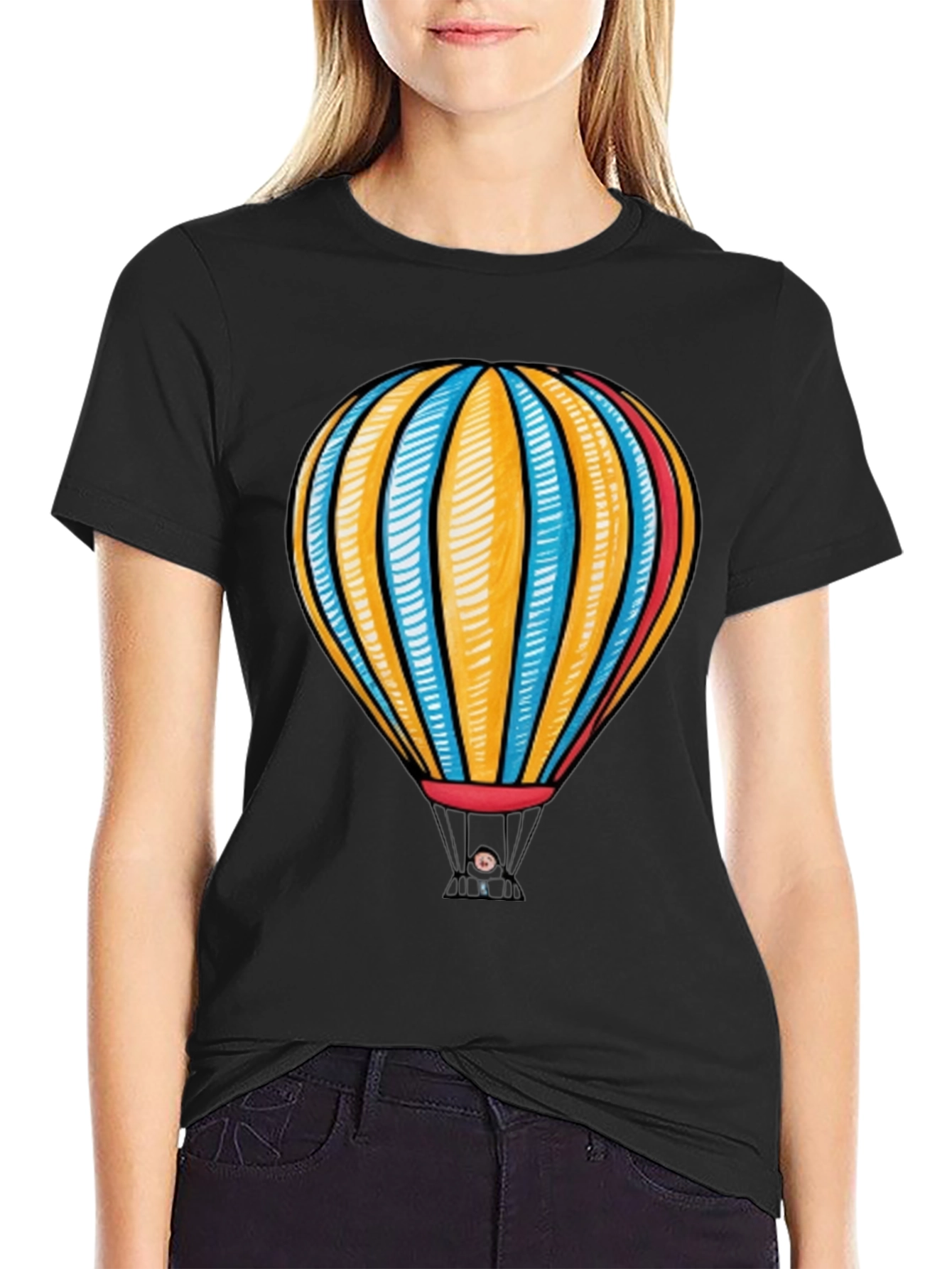 Hot Air Balloon Graphic Tee - Black Cotton T-Shirt
