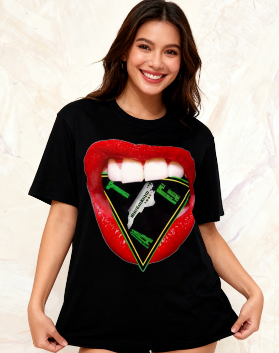 Bold Lips Triangle Graphic Black T-Shirt