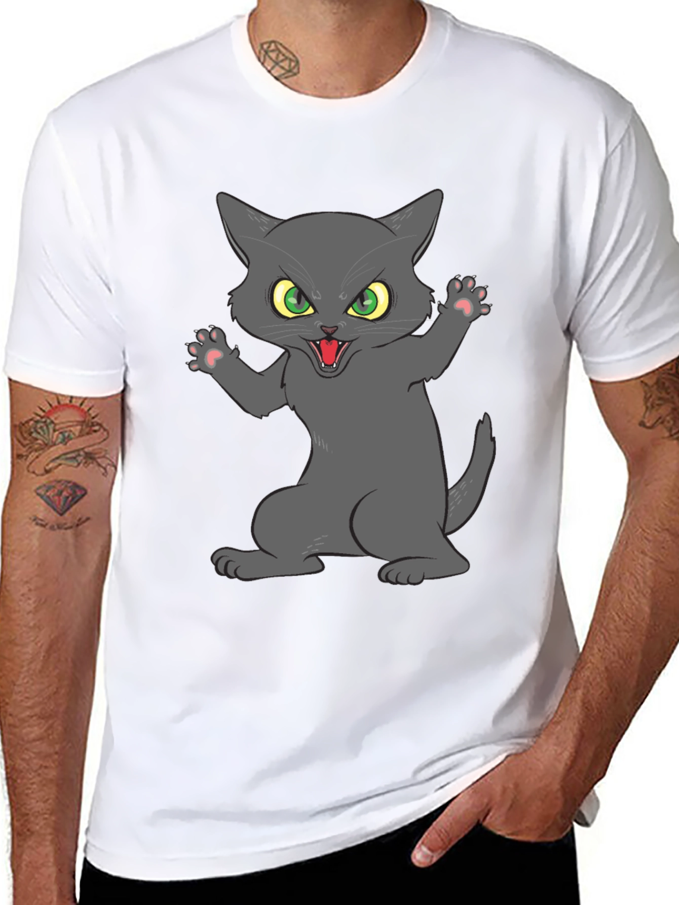 Angry Cat Graphic Tee - Black Cotton Blend