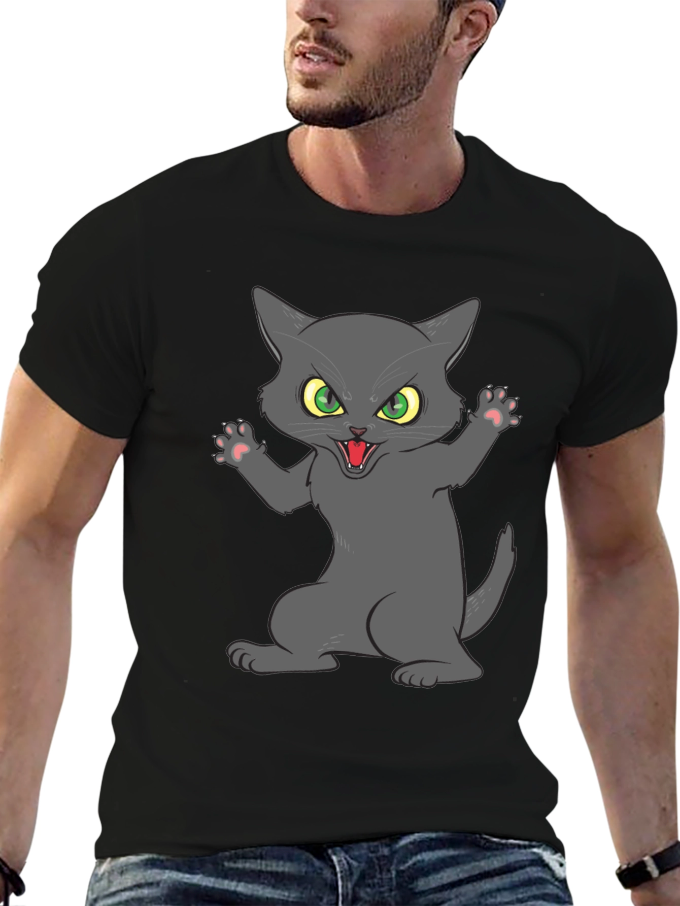 Angry Cat Graphic Tee - Black Cotton Blend