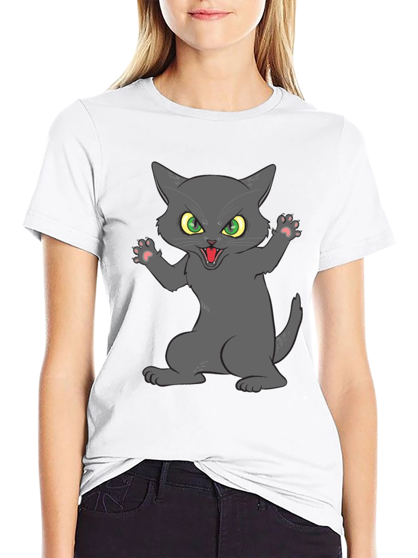 Angry Cat Graphic Tee - Black Cotton Blend