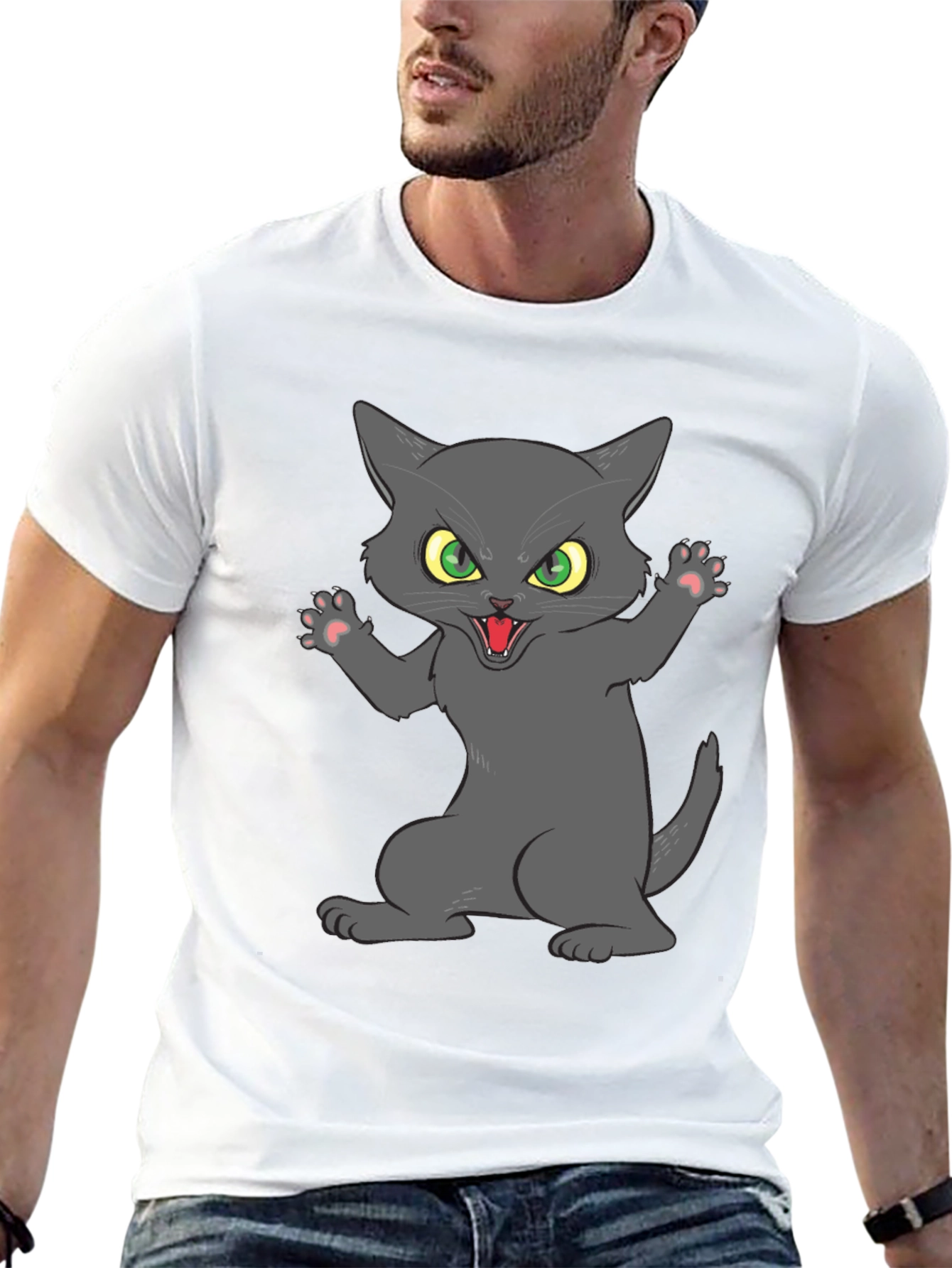 Angry Cat Graphic Tee - Black Cotton Blend