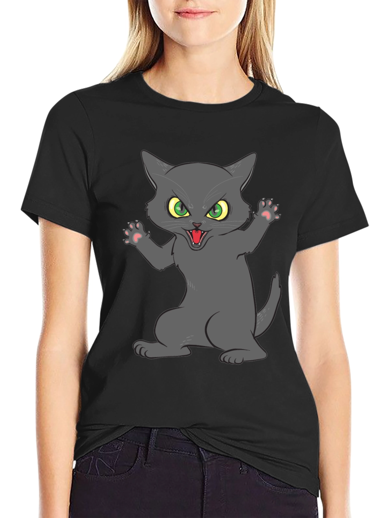 Angry Cat Graphic Tee - Black Cotton Blend