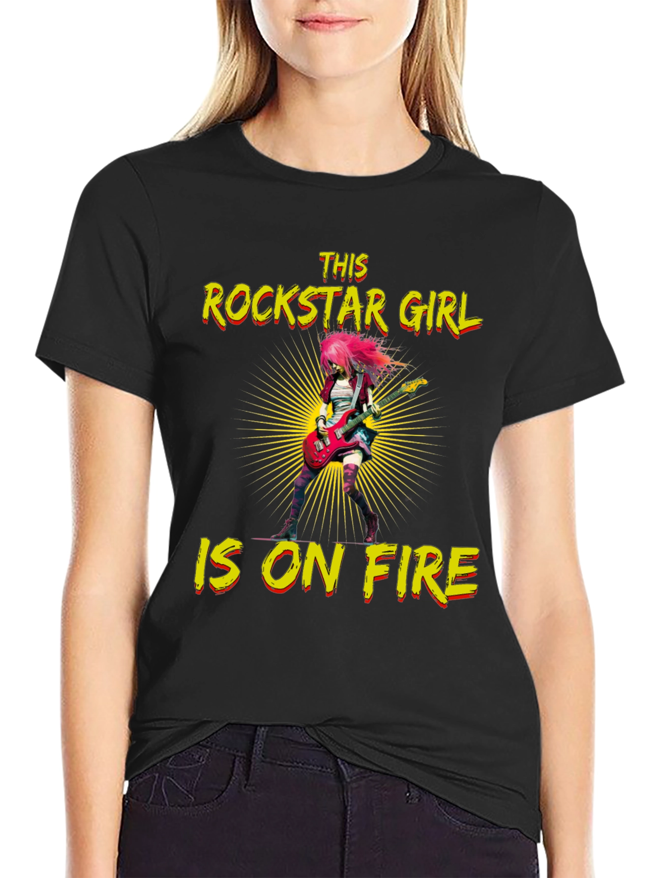 Rockstar Girl on Fire Black T-Shirt