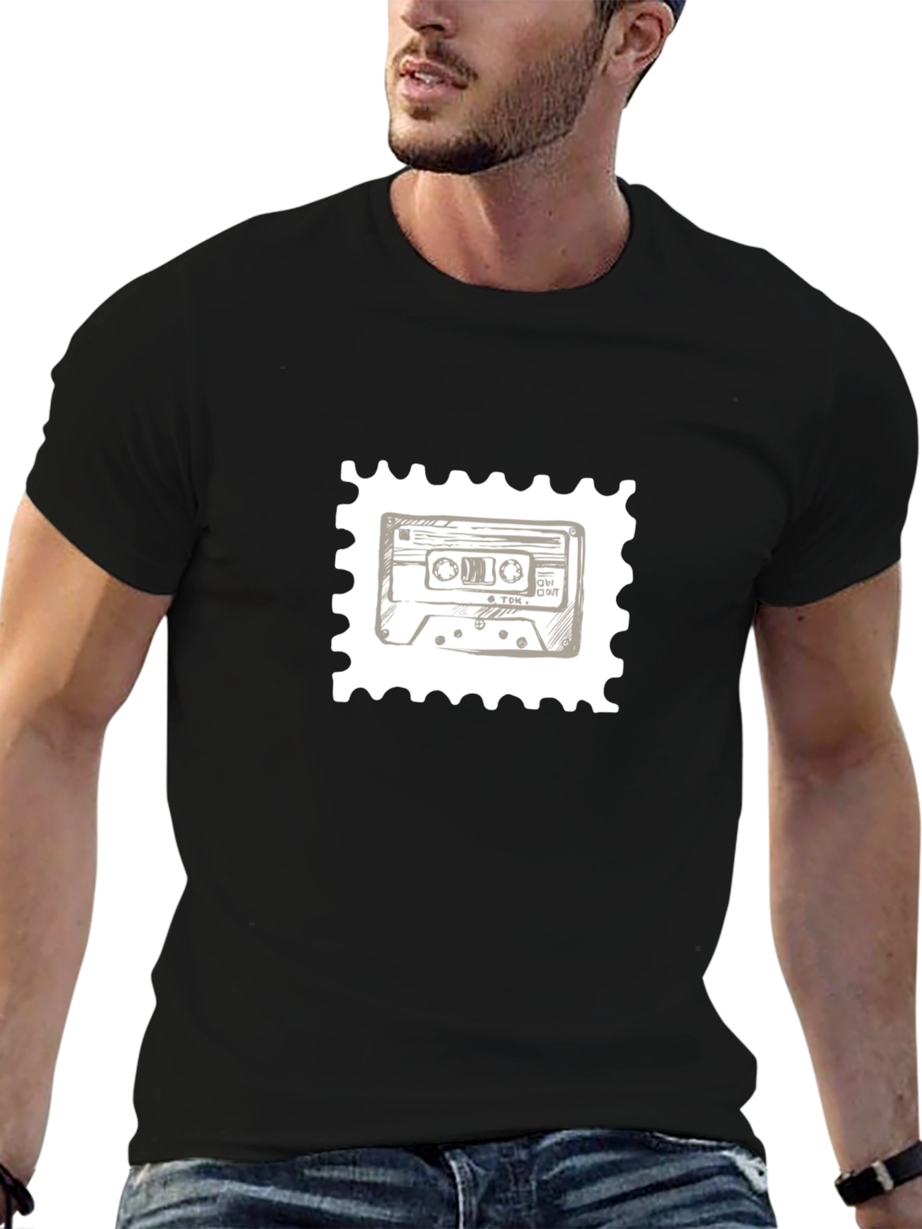 Retro Cassette Tape Stamp T-Shirt - Black