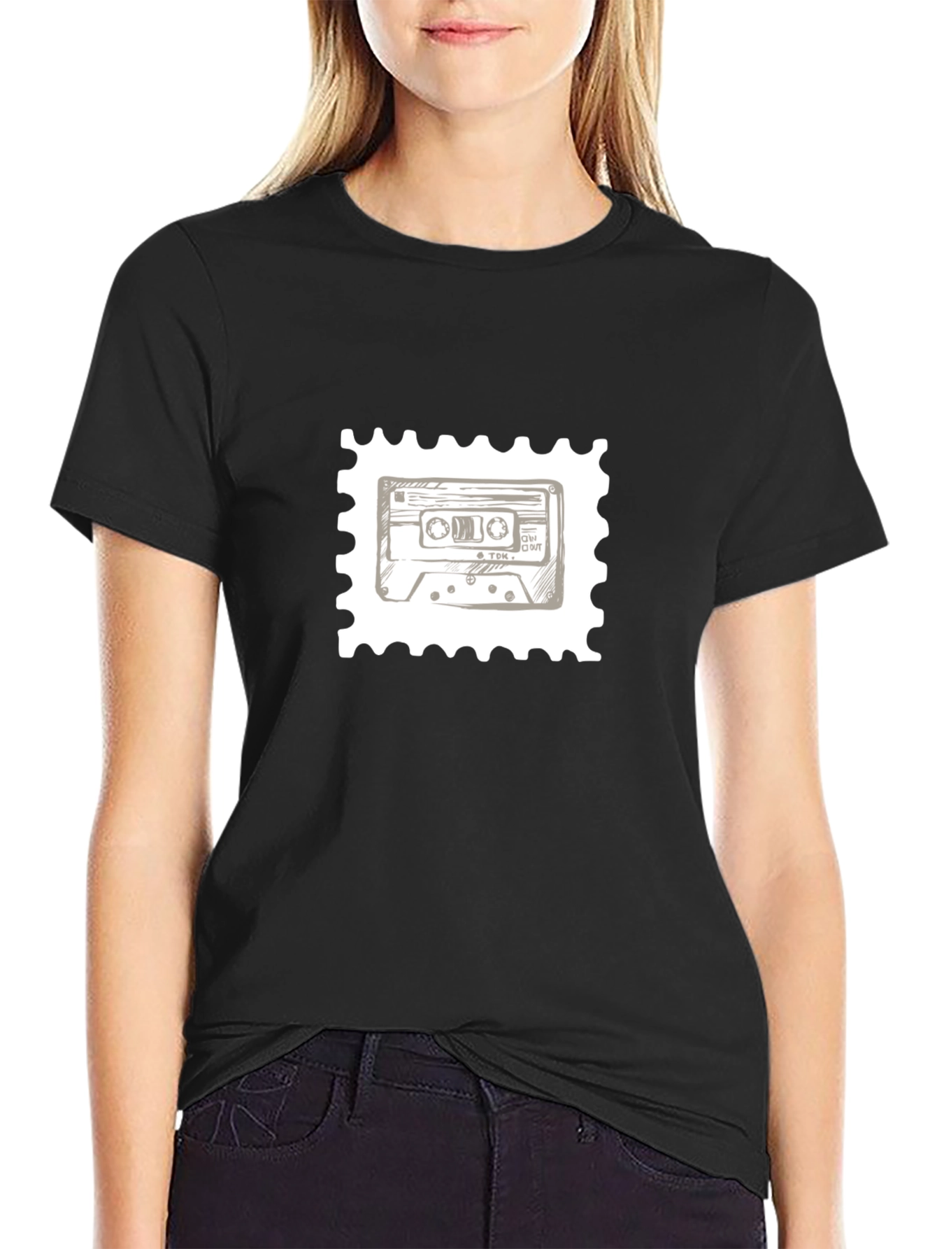 Retro Cassette Tape Stamp T-Shirt - Black